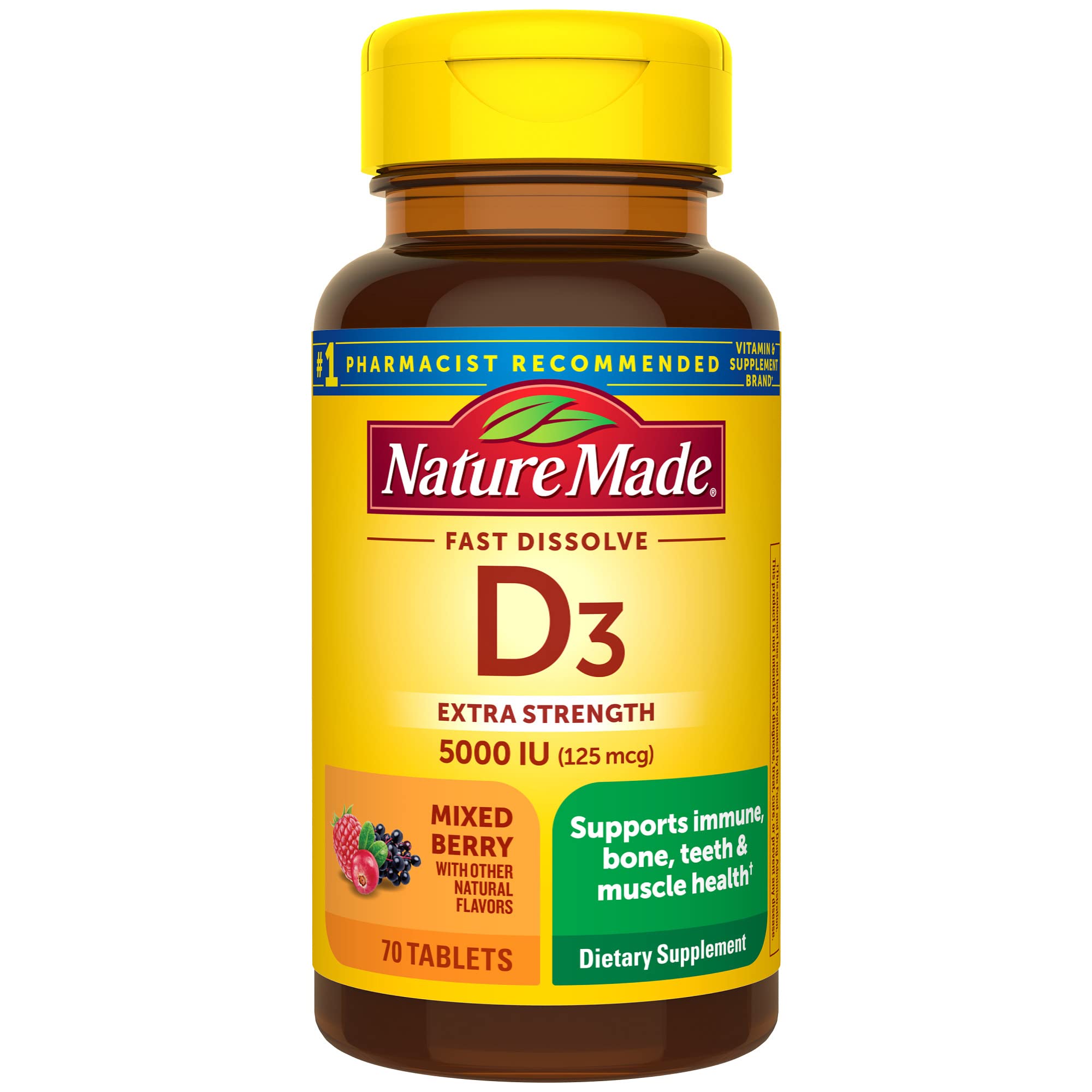 Nature Made Vitamine D3 5000 UI comprimés dissolution rapide goût fruits rouges, soutien immunitaire possible.