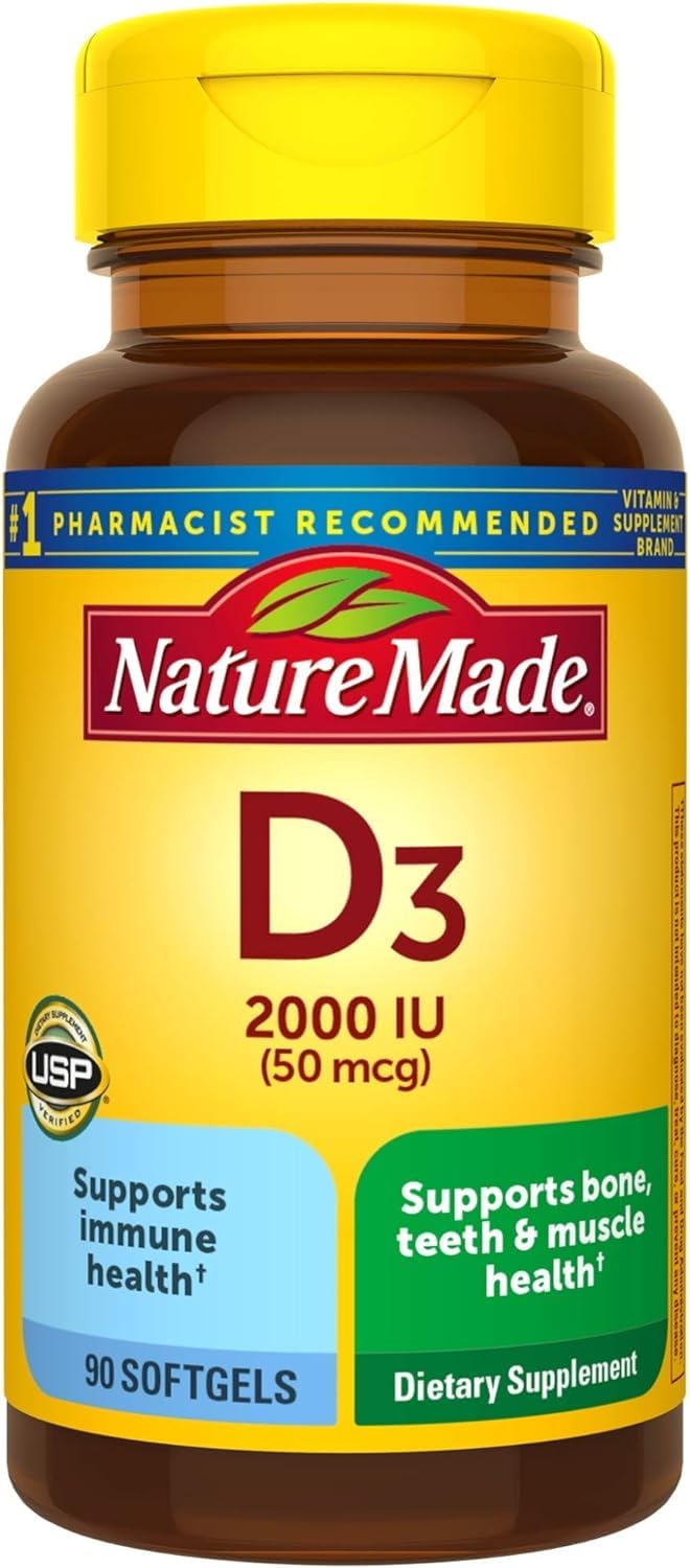 Nature Made Vitamine D3, 90 gélules molles, soutien immunitaire potentiel et os sain.