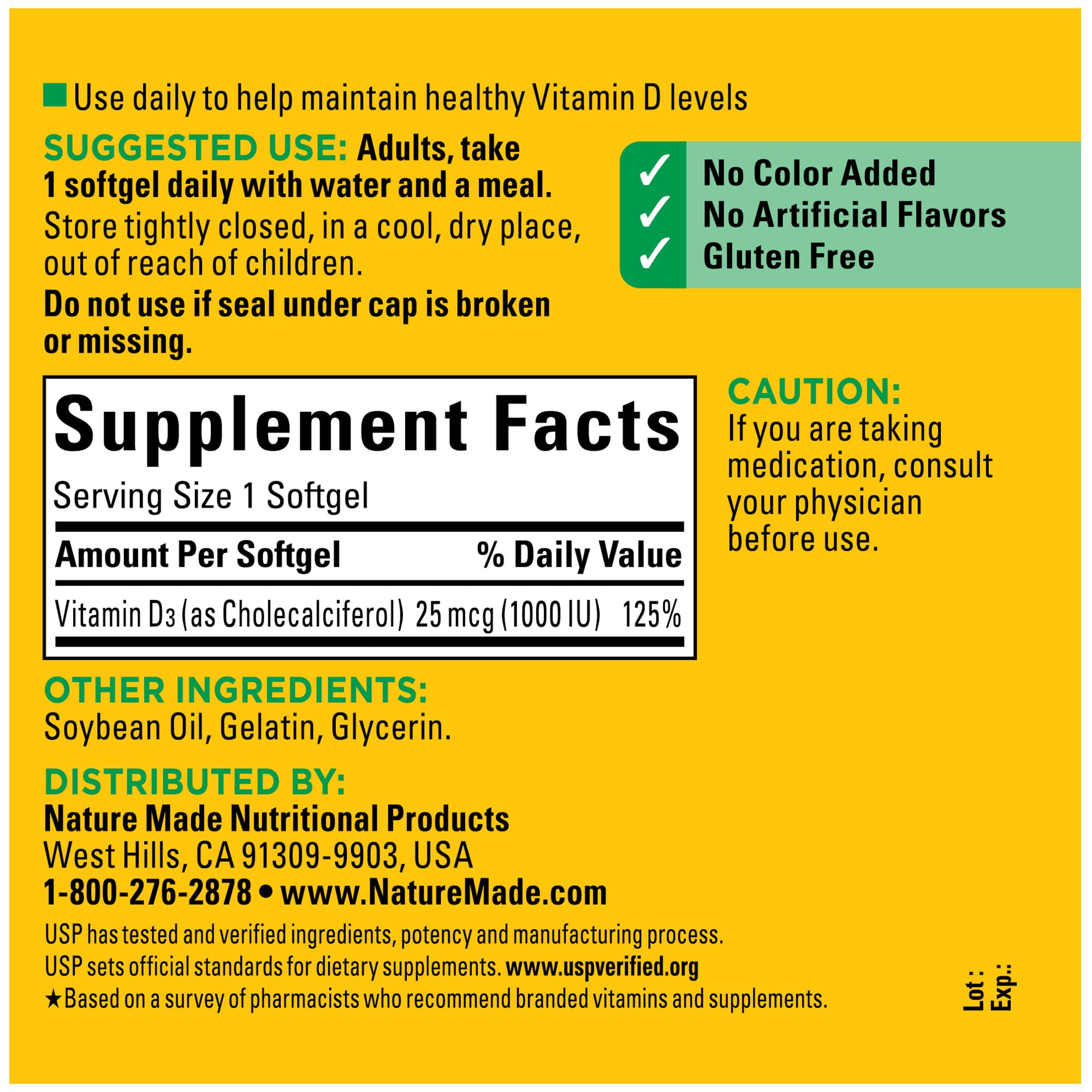 Nature Made Vitamine D3, emballage produit, 300 jours de complément pratique.