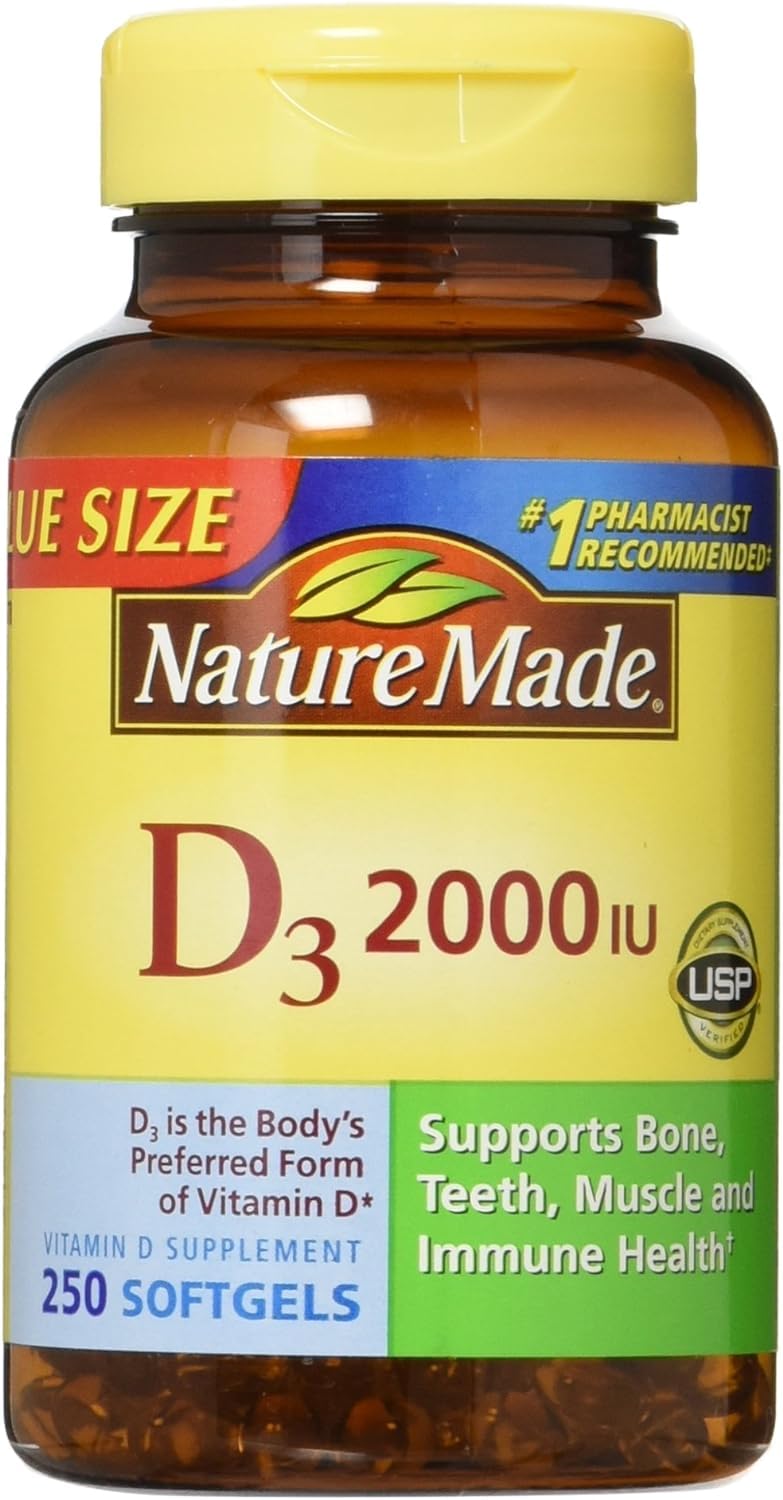 Nature Made vitamine D3 2000 unités internationales, flacon de gélules liquides pour usage quotidien.