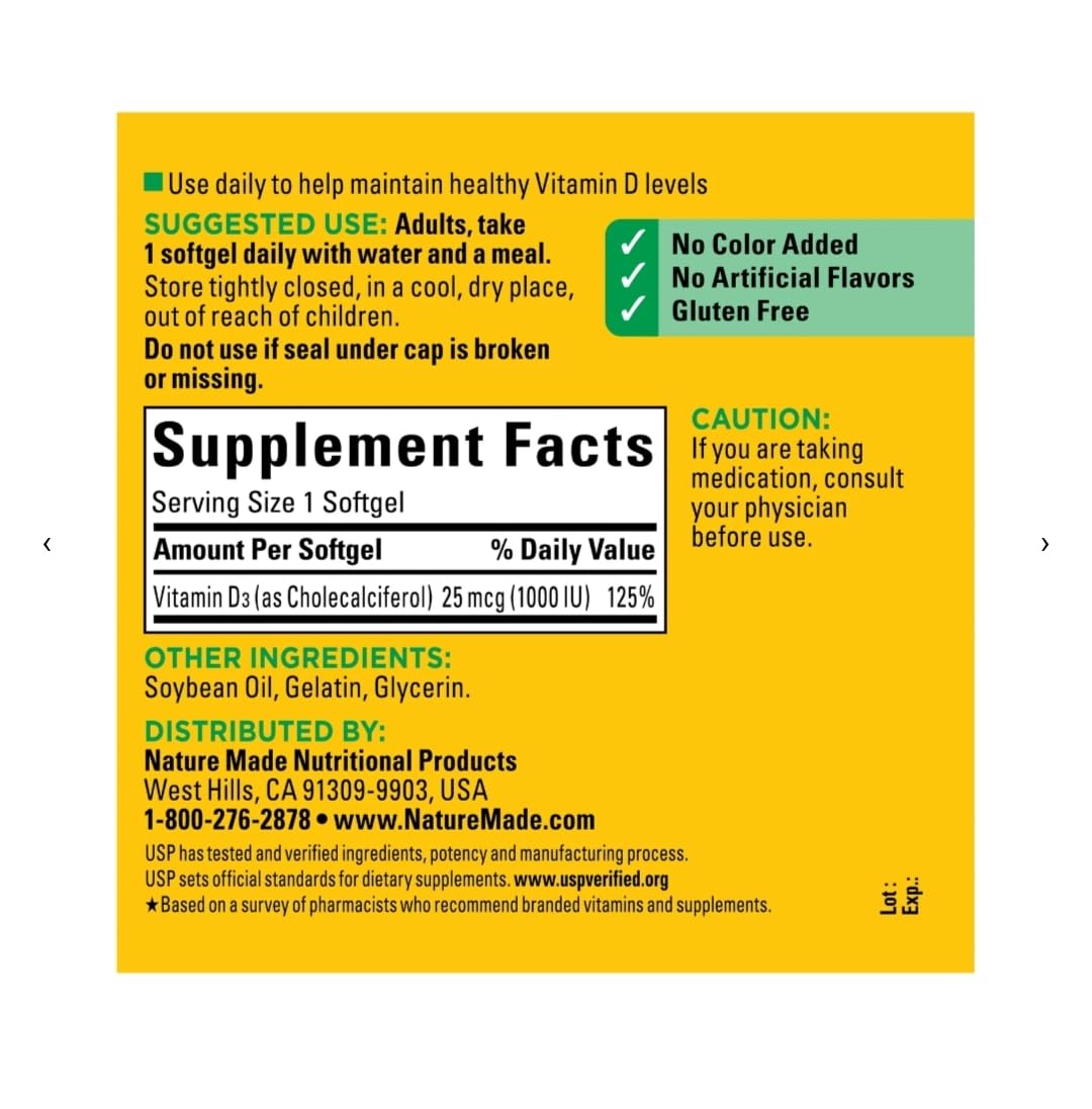 Gélules Nature Made Vitamine D3 faciles à avaler pour le soutien musculaire et dentaire