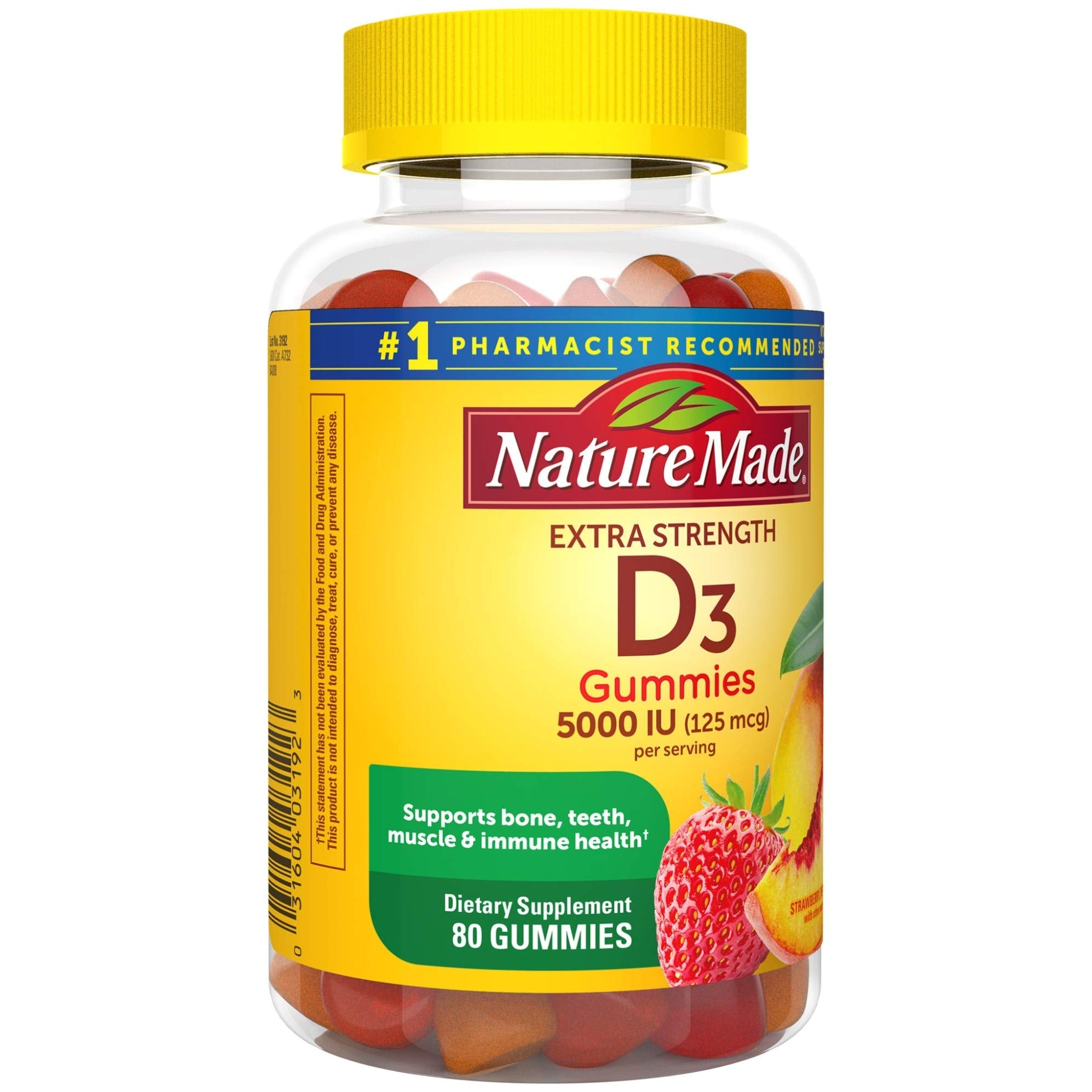 Gommes Nature Made D3 sans édulcorants artificiels, douceur naturelle.