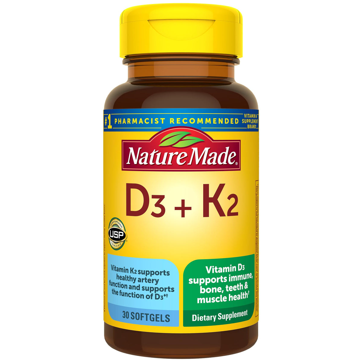Nature Made D3 K2, bouteille de gélules molles, soutien potentiel des os et immunité.