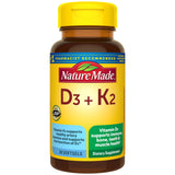 Nature Made D3 K2, bouteille de gélules molles, soutien potentiel des os et immunité.