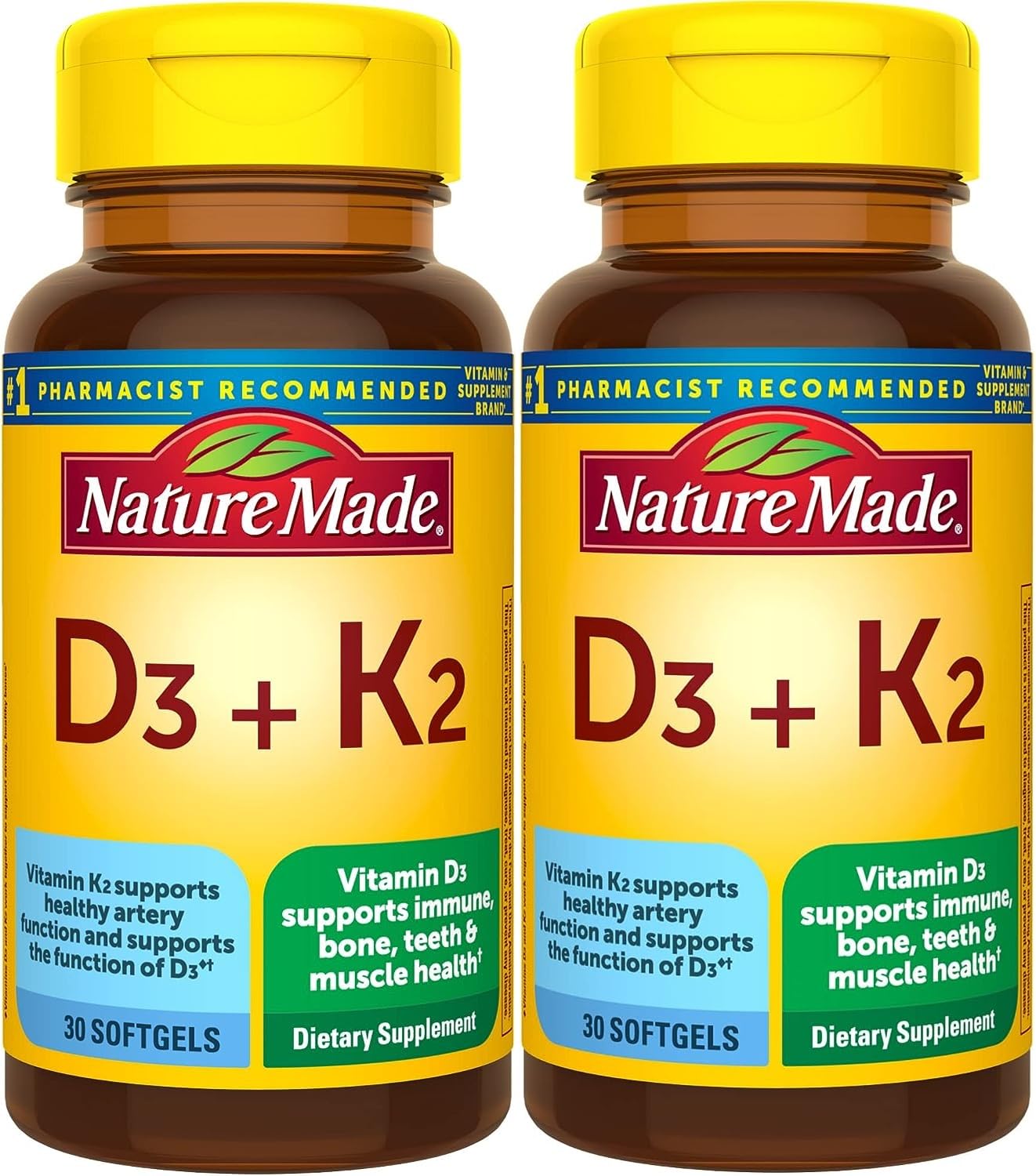 Nature Made Vitamine D3 K2 gélules, bouteille – soutien potentiel pour os et immunité.