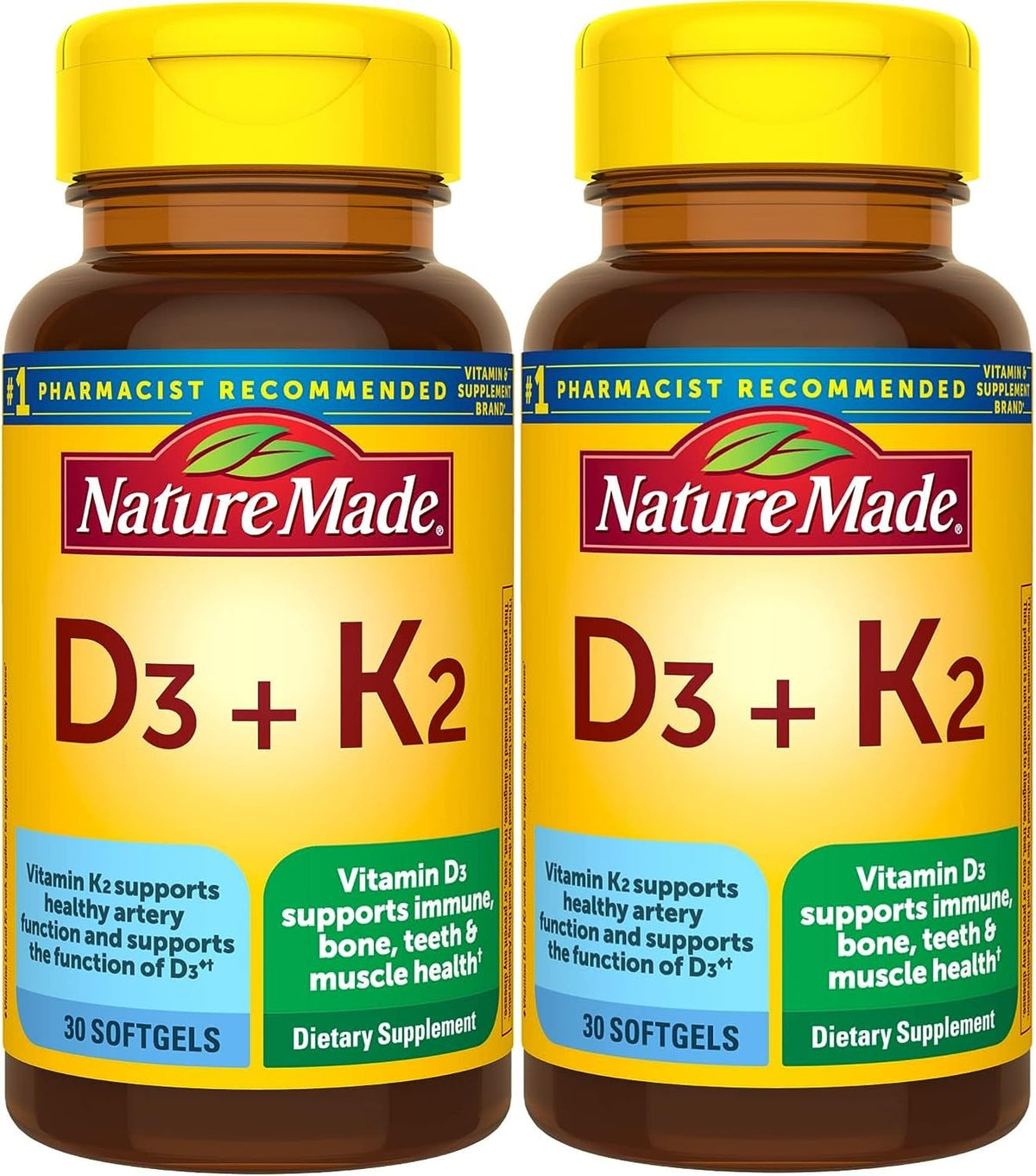 Nature Made Vitamine D3 K2 gélules, bouteille – soutien potentiel pour os et immunité.