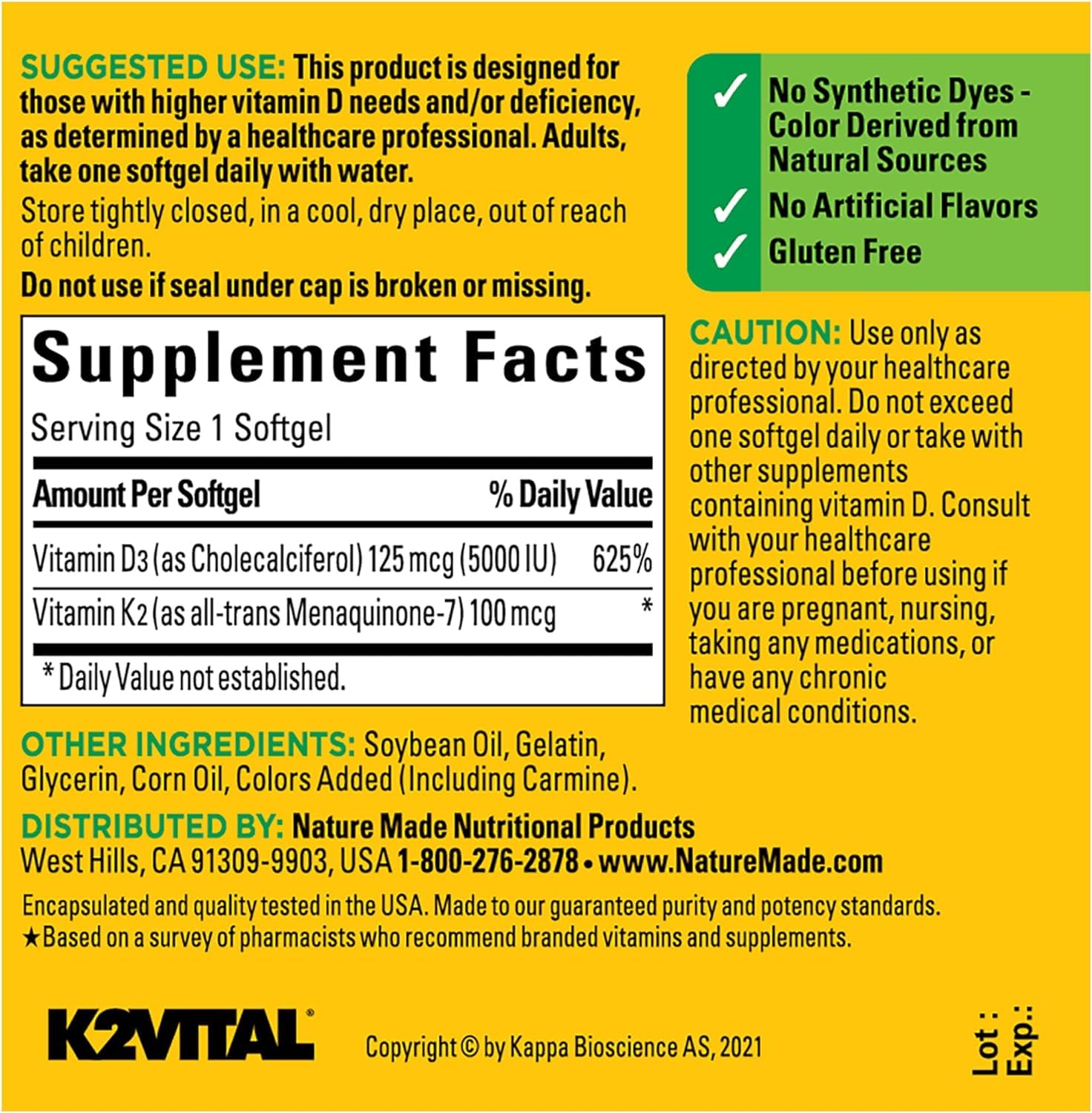 Nature Made Vitamine D3 K2 – fabriqué aux États‑Unis avec des ingrédients de qualité.