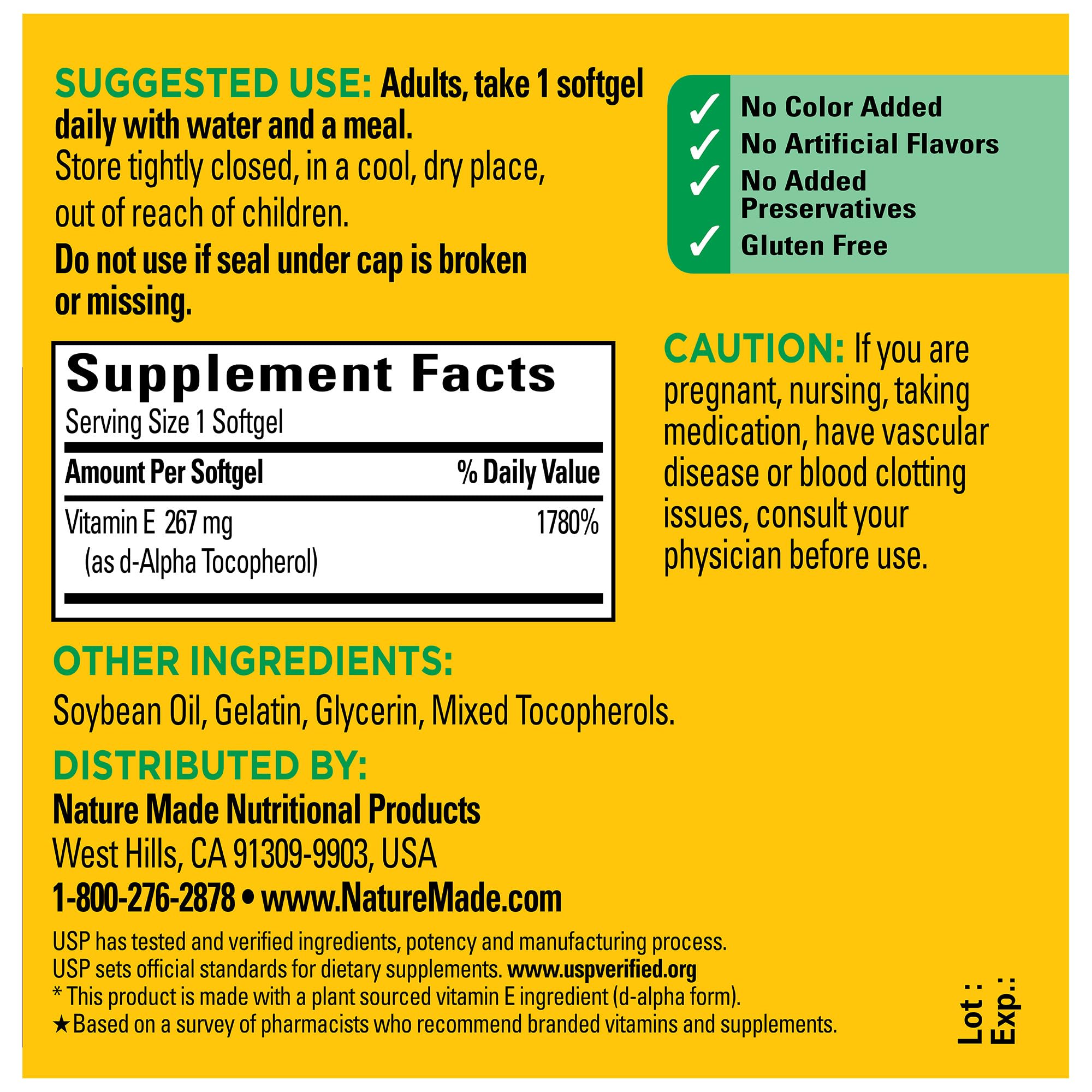 Gélules Nature Made Vitamine E 400 UI pour peau saine potentiel.