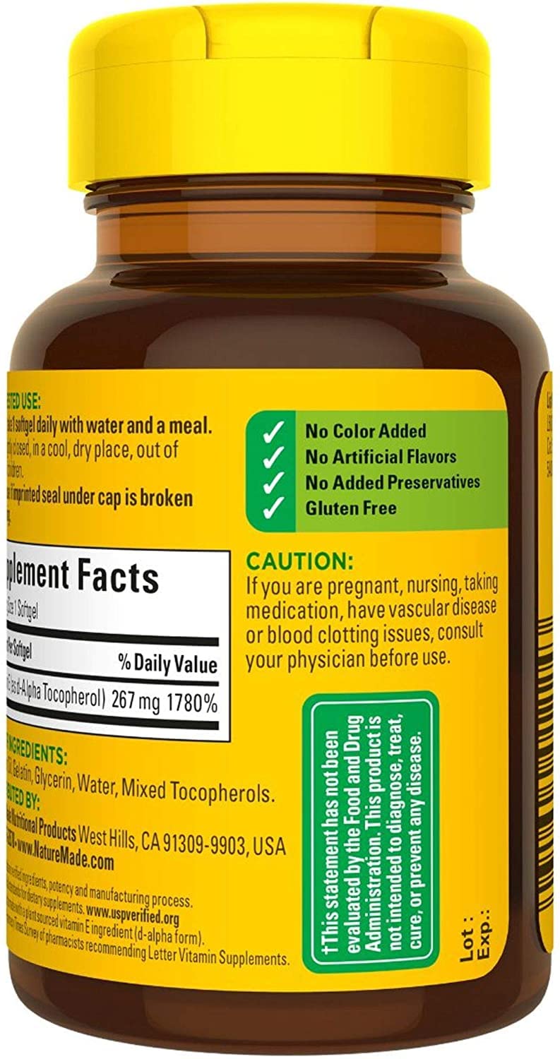Flacon Nature Made Vitamine E 400 UI, ingrédients végétaux de qualité