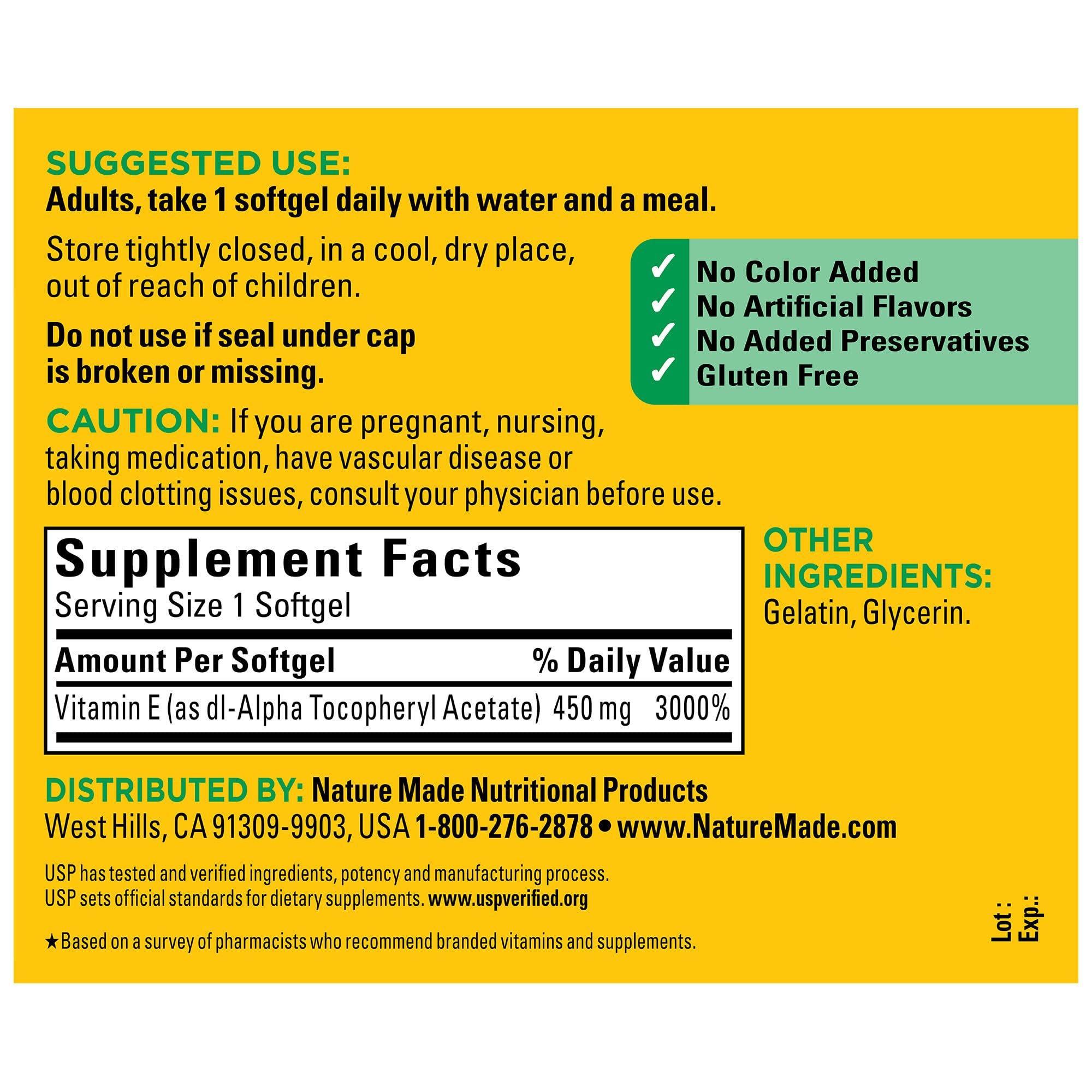 Nature Made Vitamine E 450 mg, gélules sans gluten