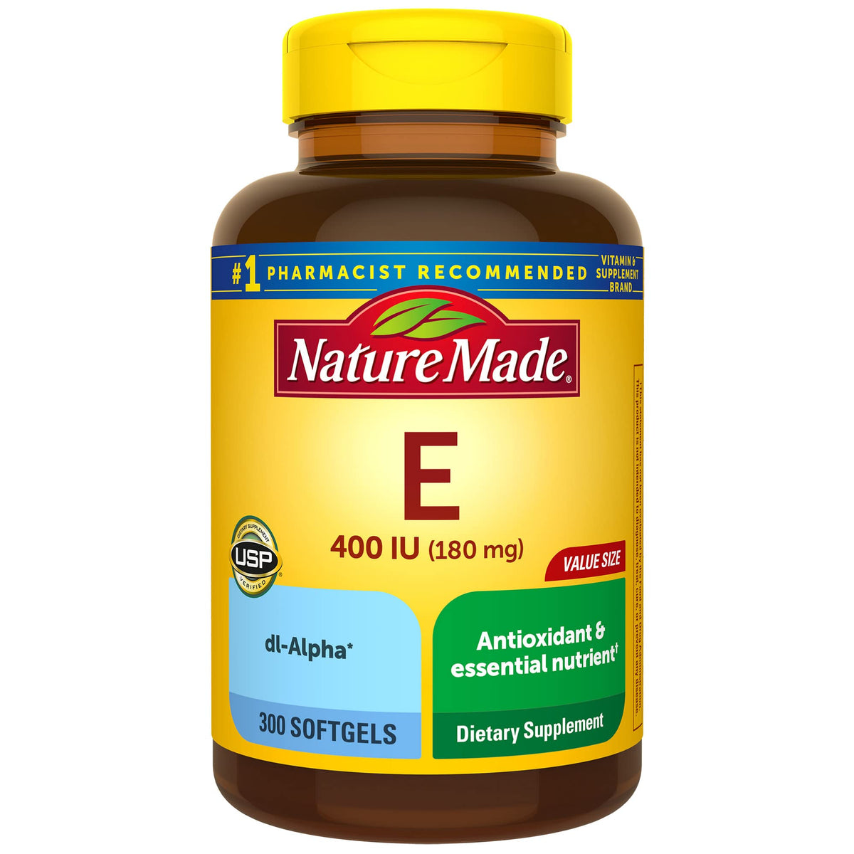 Nature Made Vitamine E: bouteille ouverte, soutien potentiel à la peau et à l’immunité