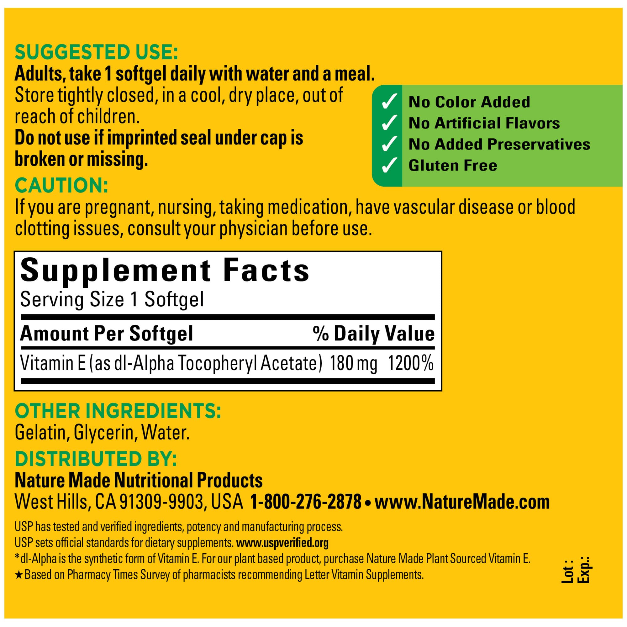 Nature Made Vitamine E: gros plan sur les gélules, présentation claire et facile à prendre