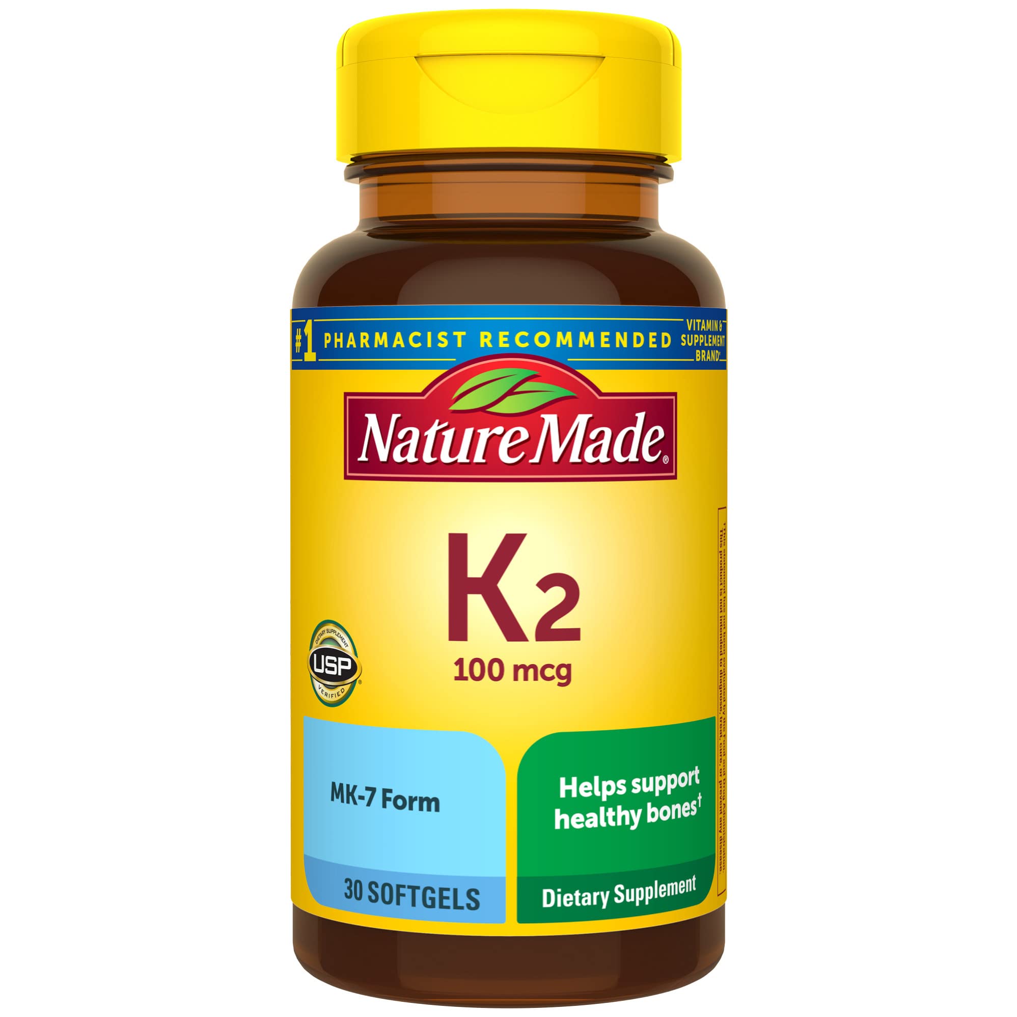 Flacon Nature Made K2 100 mcg, gélules molles, potentiel soutien des os.