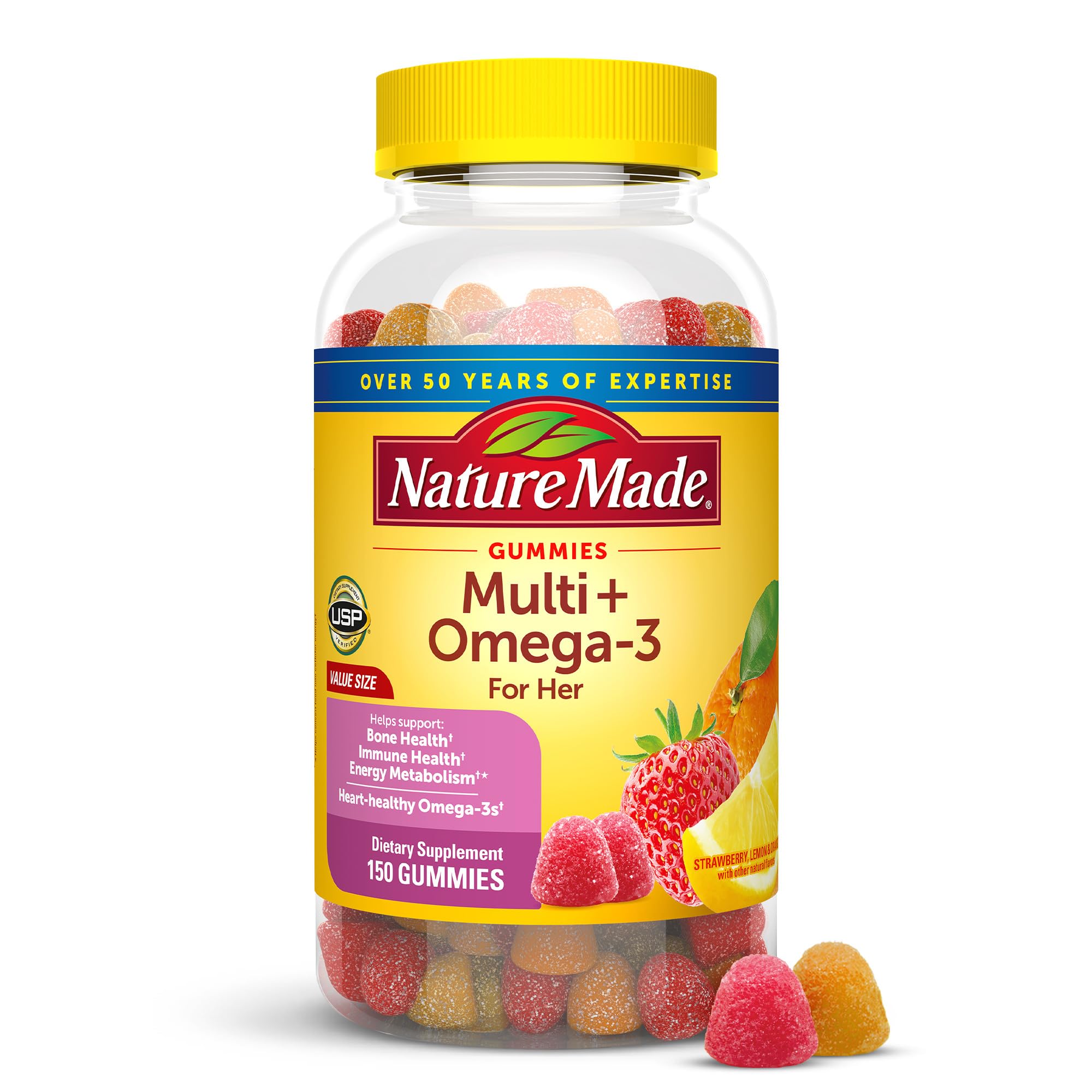 Nature Made Vitamines Femmes Gommes Omega-3: bouteille affichée et soutien potentiel des os.