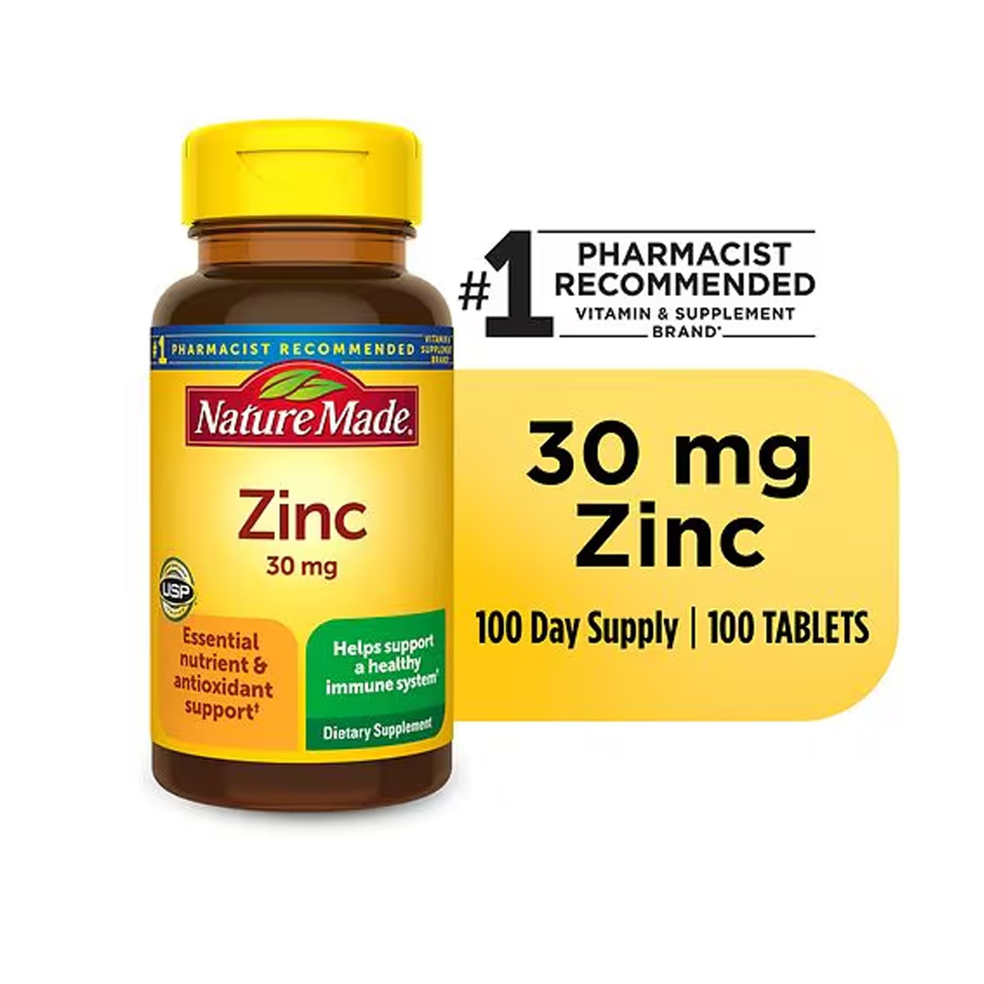 Nature Made Zinc 30 mg – comprimés visibles, soutien antioxydant potentiel.
