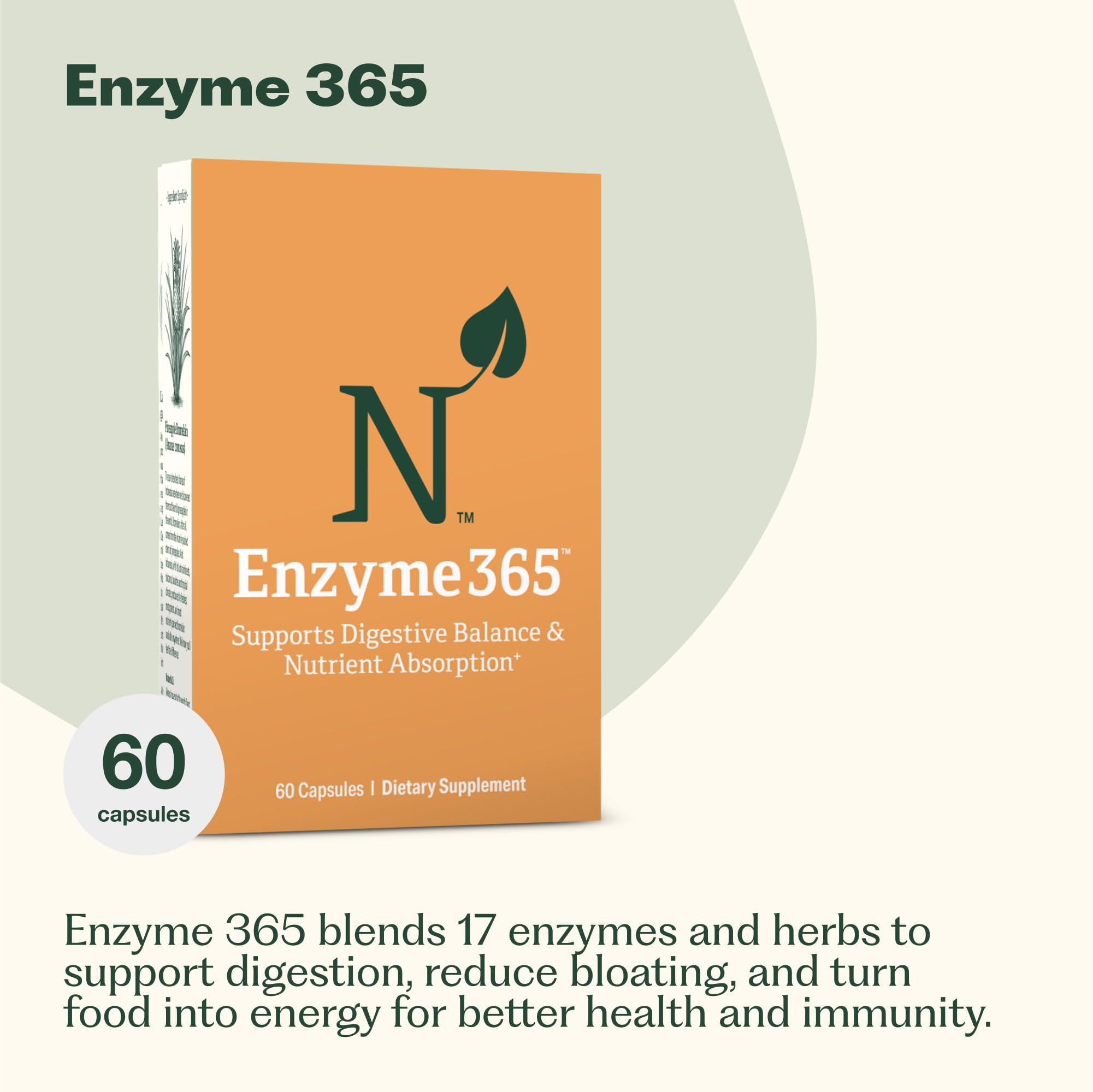 Nature M.D. Enzyme365: etiquette-detail montrant les 17 enzymes et les bénéfices possibles.