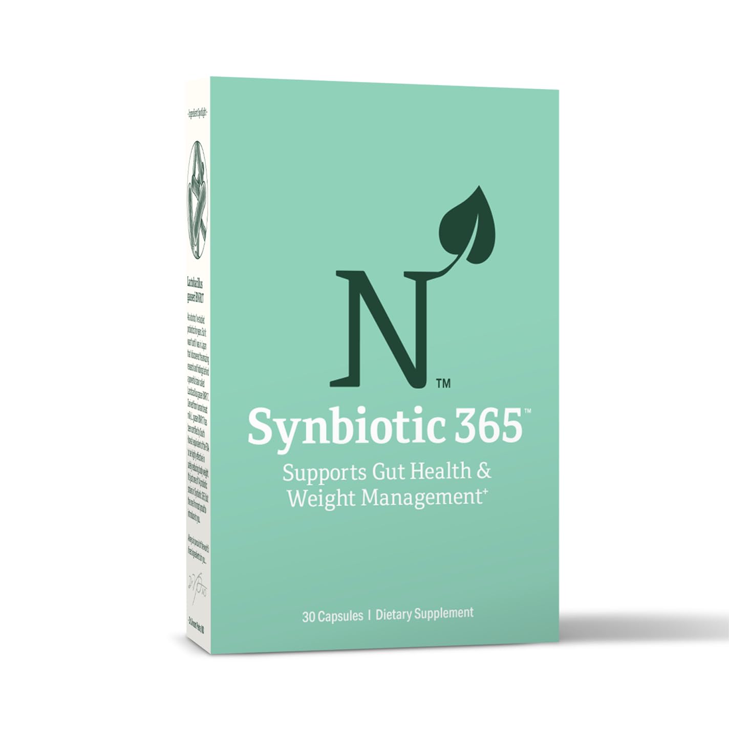 Nature M.D. Synbiotic 365 – bouteille montrant l'action triple pour une digestion plus équilibrée.