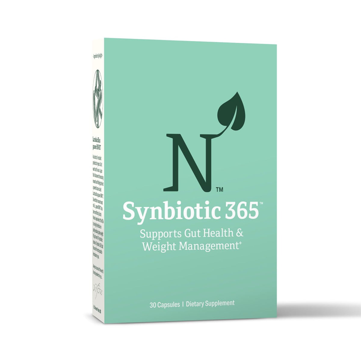 Nature M.D. Synbiotic 365 – bouteille montrant l'action triple pour une digestion plus équilibrée.