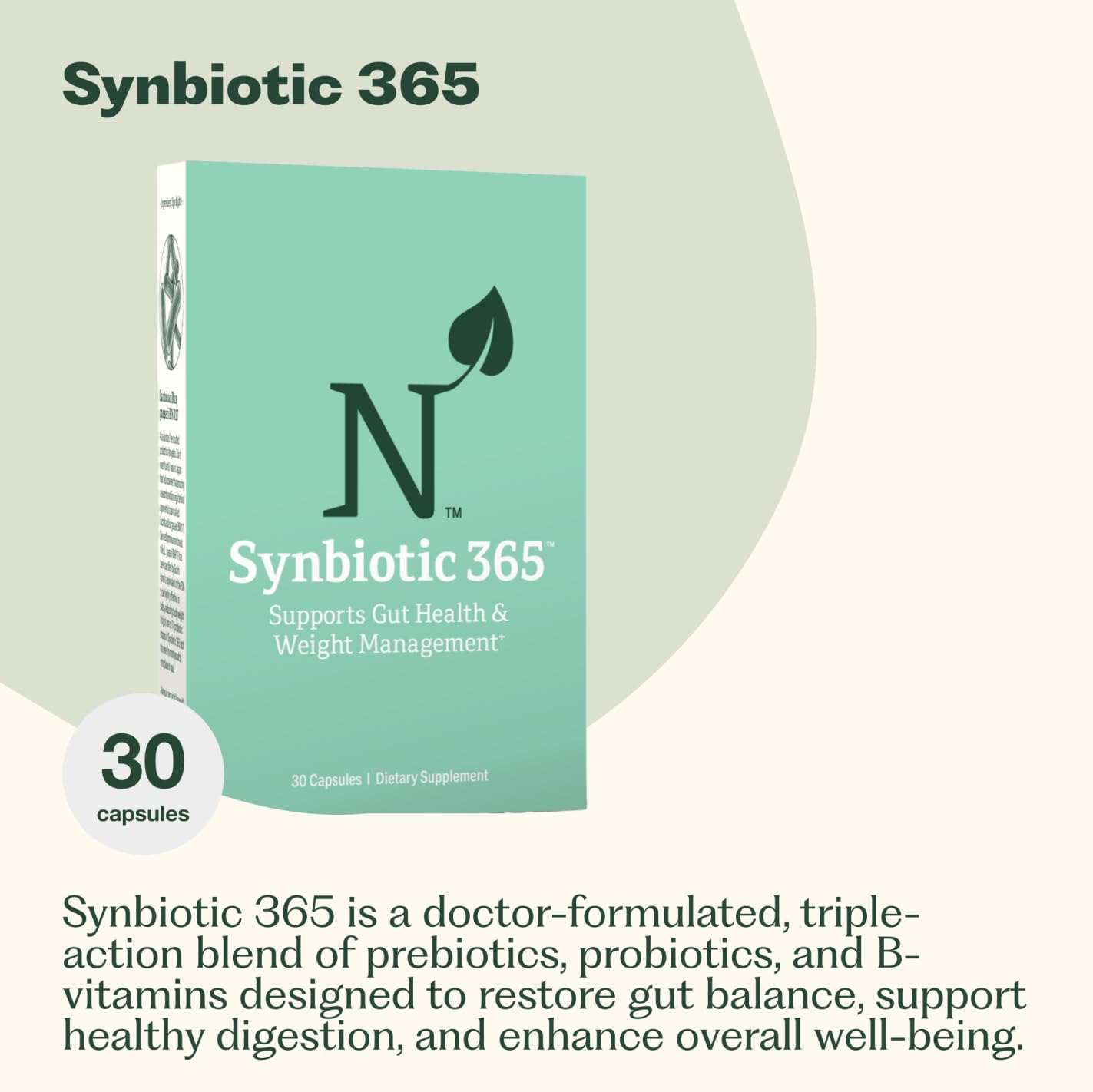 Flacon Nature M.D. Synbiotic 365 vantant les probiotiques et prébiotiques pour l'équilibre intestinal.