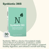 Flacon Nature M.D. Synbiotic 365 vantant les probiotiques et prébiotiques pour l'équilibre intestinal.