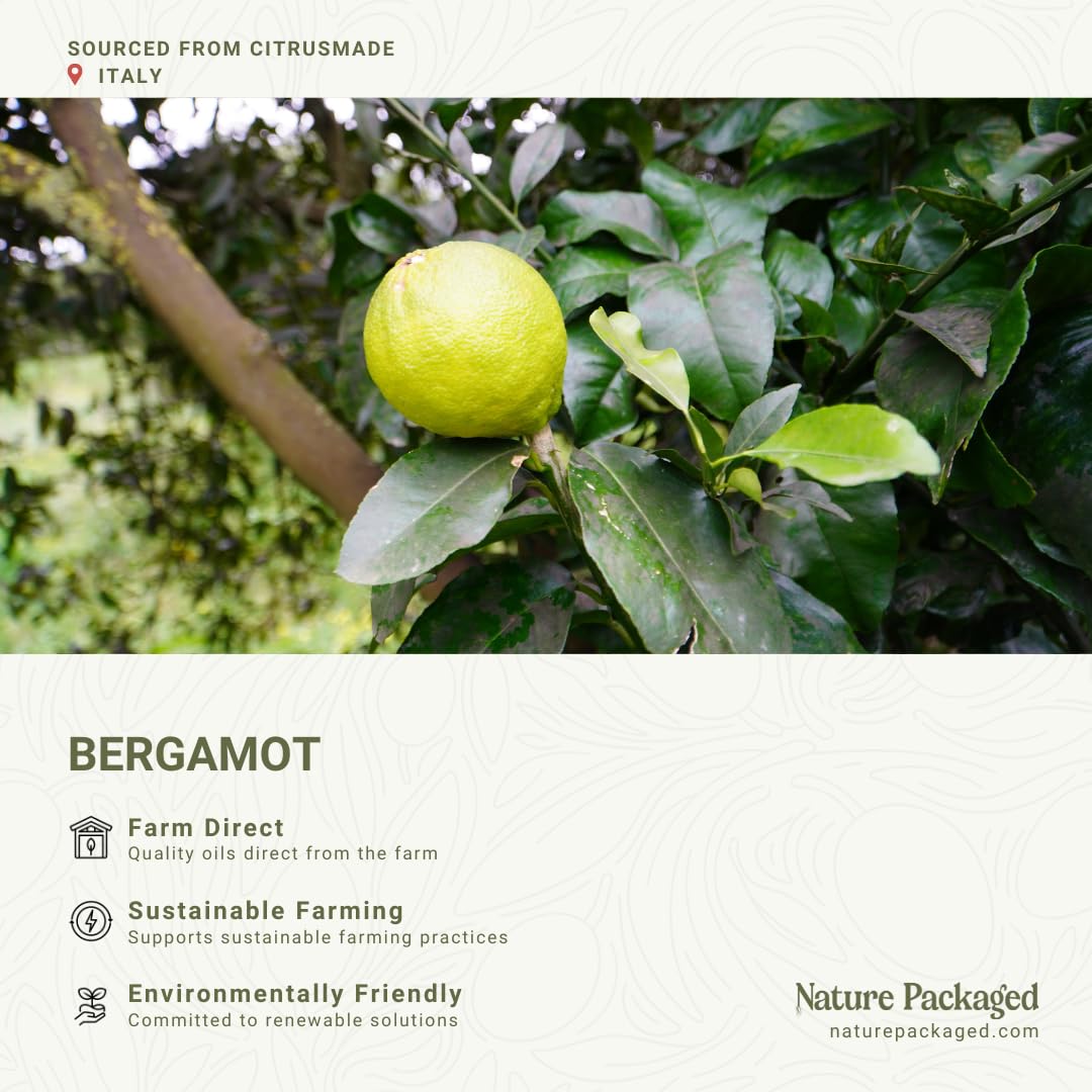 Nature Packaged bergamote huile essentielle: fruits-de-bergamote visibles pour ambiance sicilienne.
