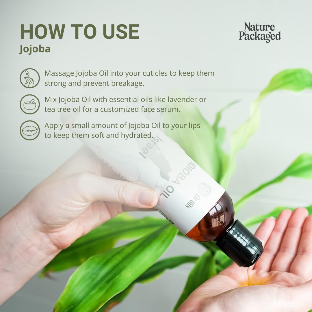 Nature Packaged huile de jojoba : origine kibbutz israélien et récolte soignée.