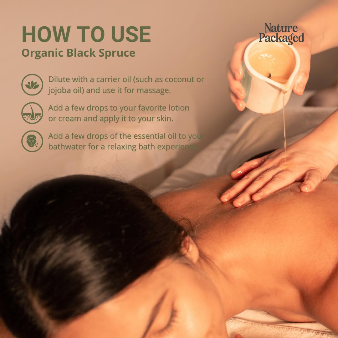 Nature Packaged huile sapin noir – massage doux et détente musculaire.