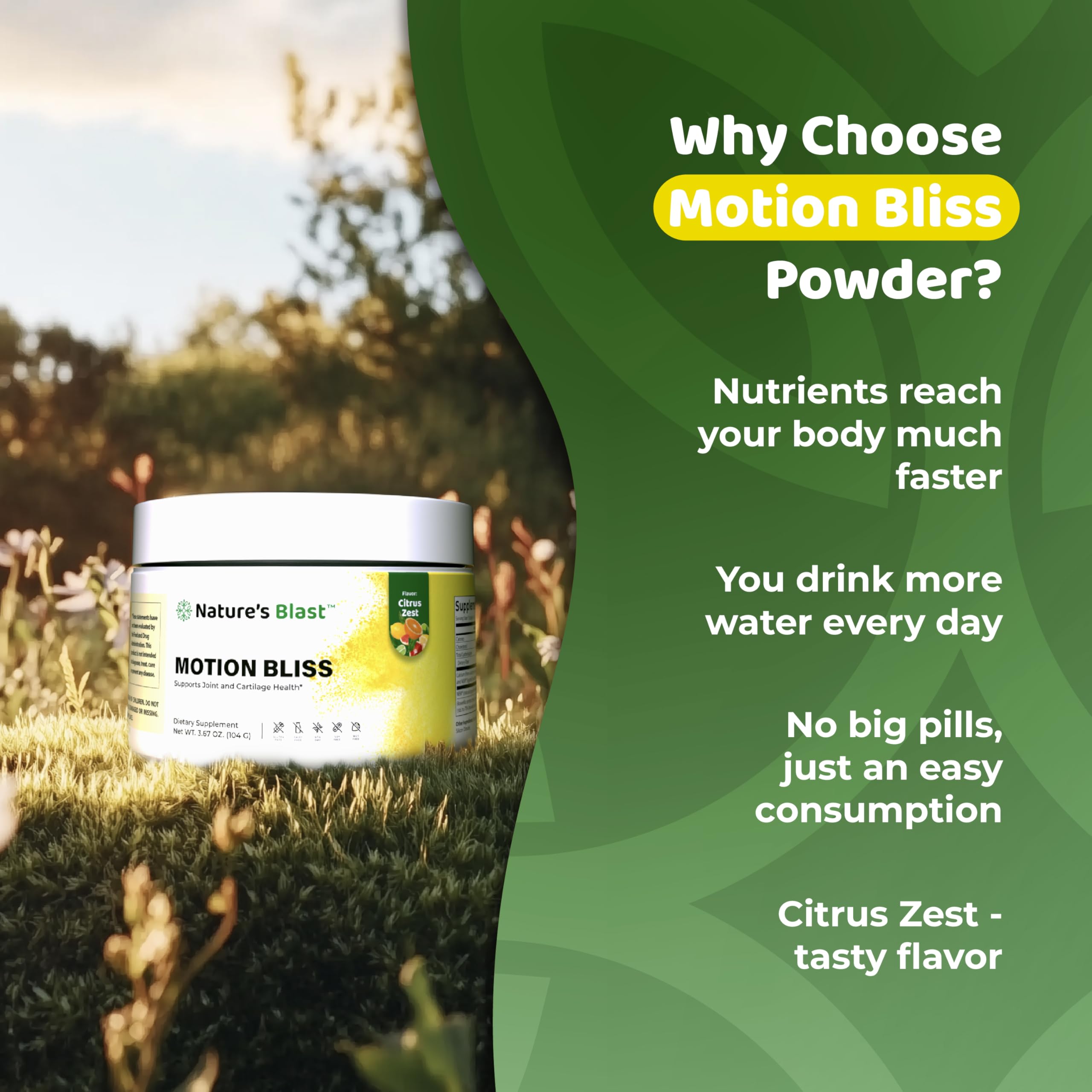 NATURES BLAST Motion Bliss - étiquette lisible facilitant l'identification des ingrédients.