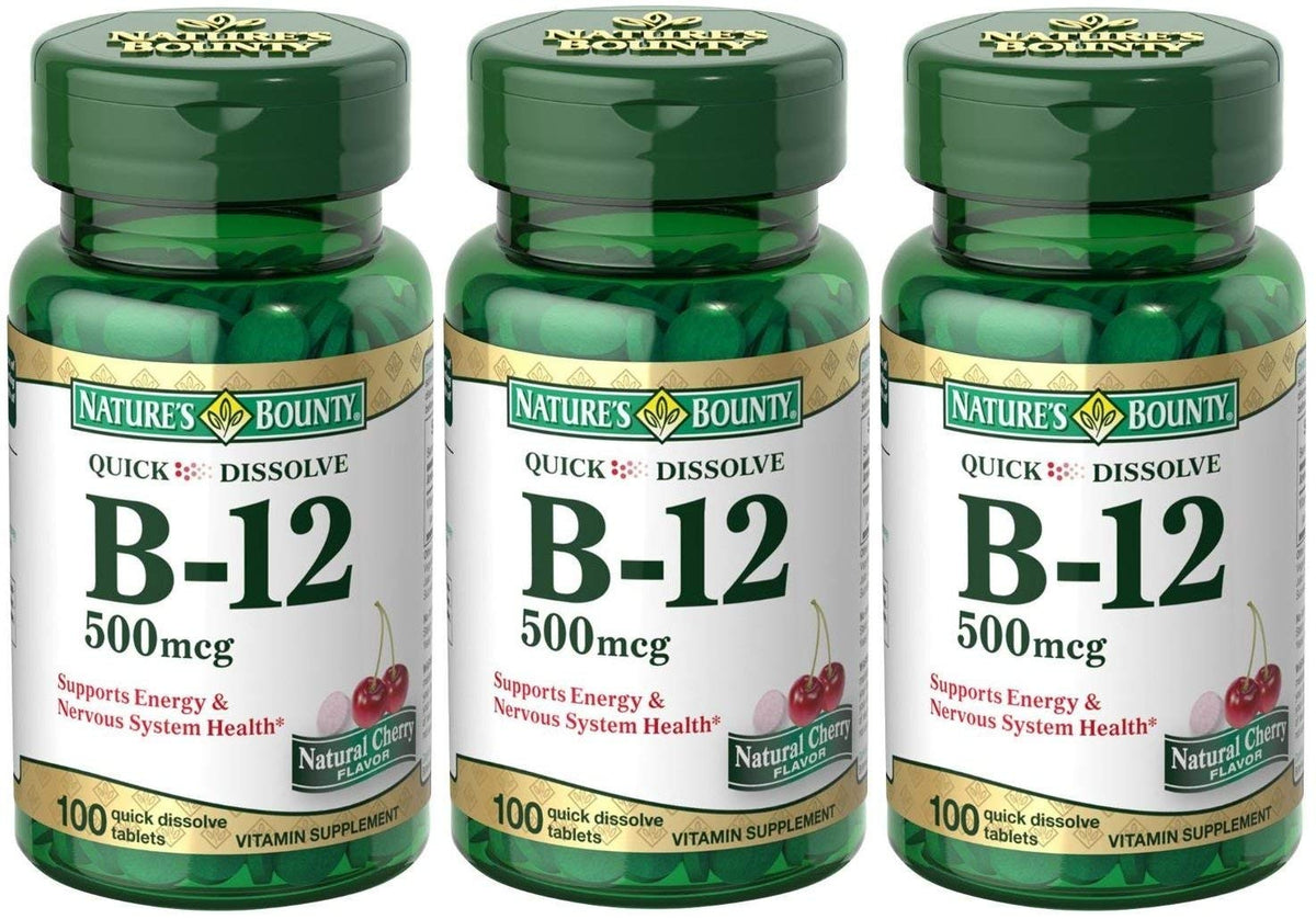 Nature's Bounty B-12 comprimés dissolution rapide, énergie soutenue en boîte.