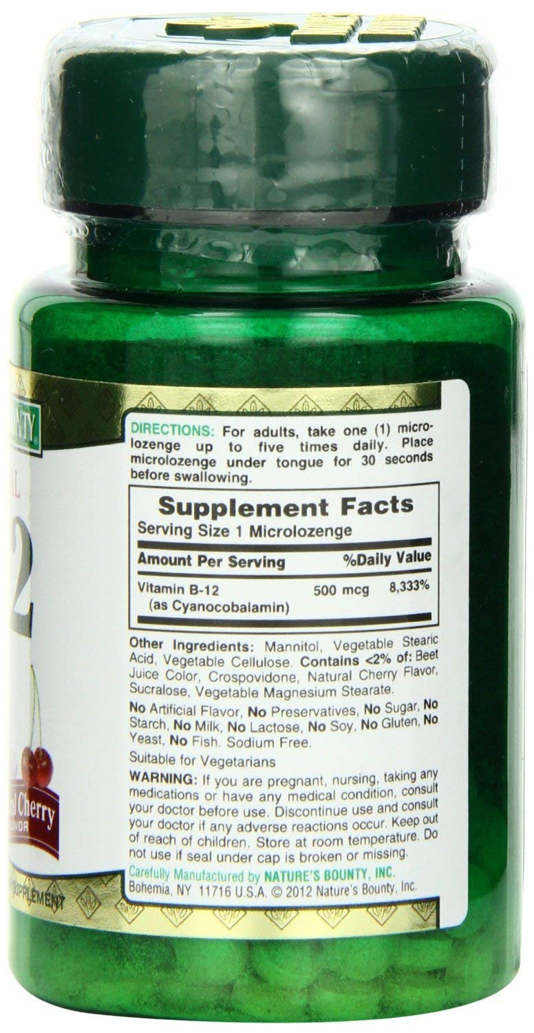 Nature's Bounty B-12 comprimés dissolution rapide, saveur cerise naturelle.