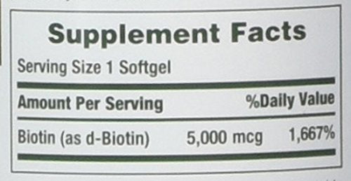 Flacon et étiquette Nature's Bounty Biotine 5000 mcg, contrôle et traçabilité faciles.
