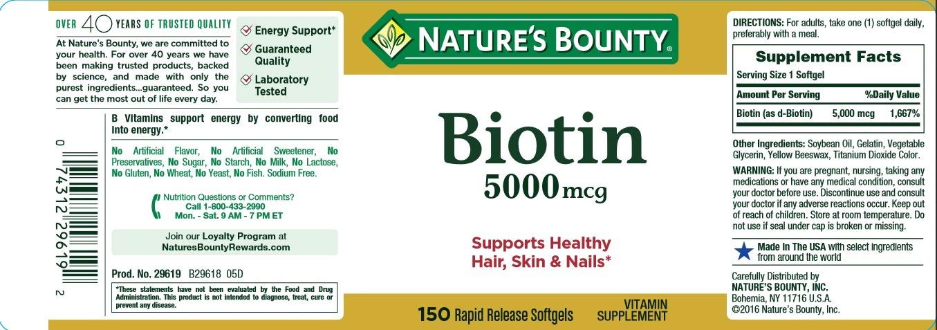 Biotine Nature's Bounty 5000 mcg, gelules molles empilées favorisant la santé des cheveux et de la peau.