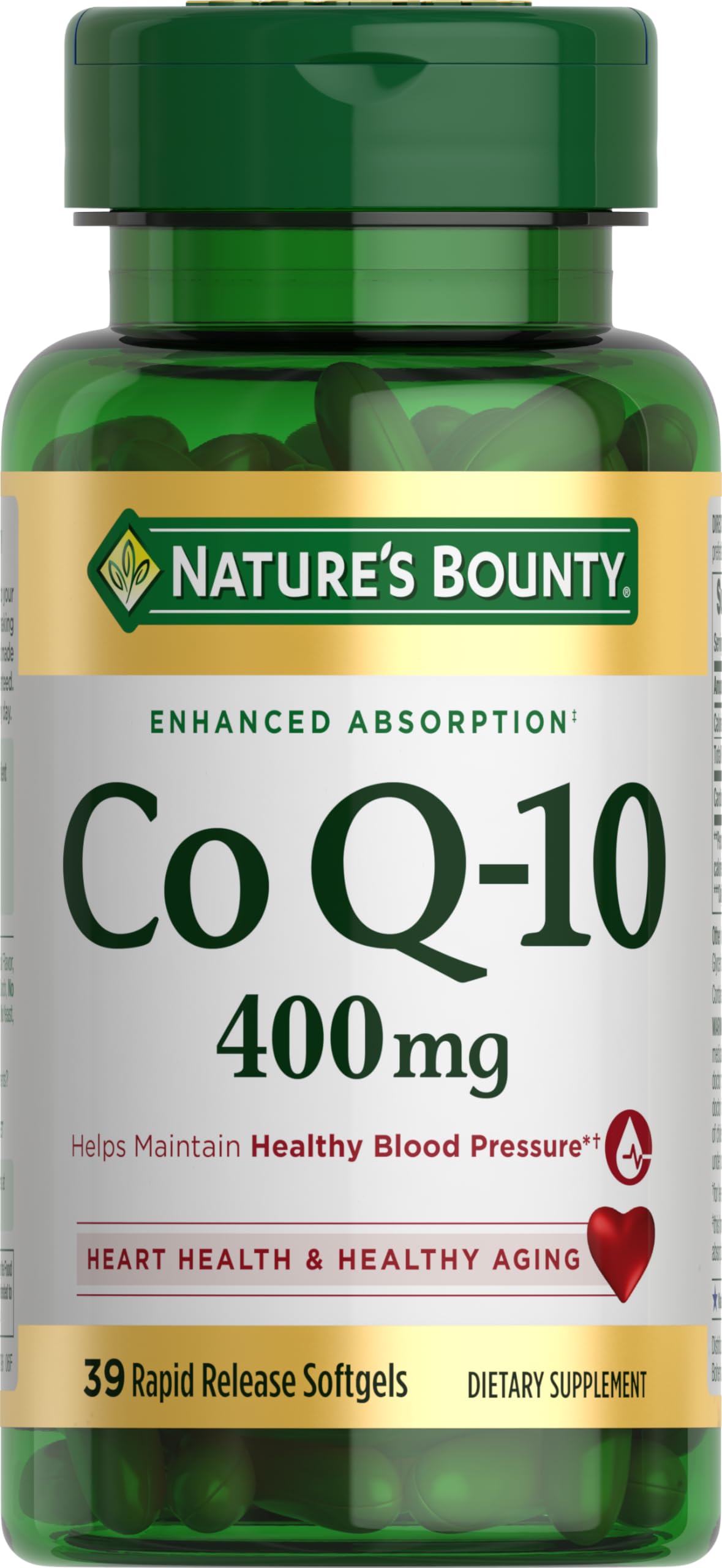 Nature's Bounty CoQ-10: bouteille et gélules molles, soutien énergie cellulaire potentiel.