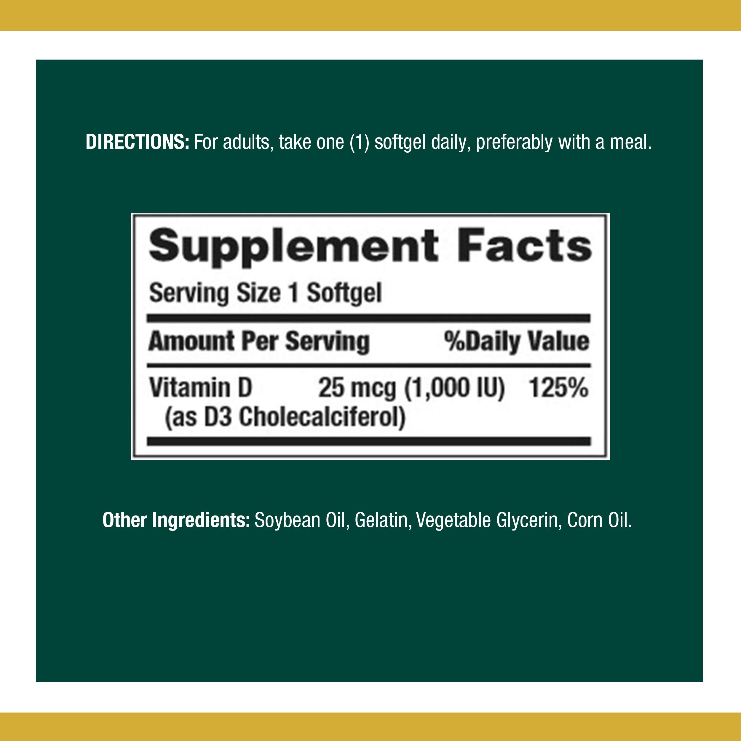 Nature's Bounty Vitamine D3, gelules molles visibles, favorise le soutien neuromusculaire