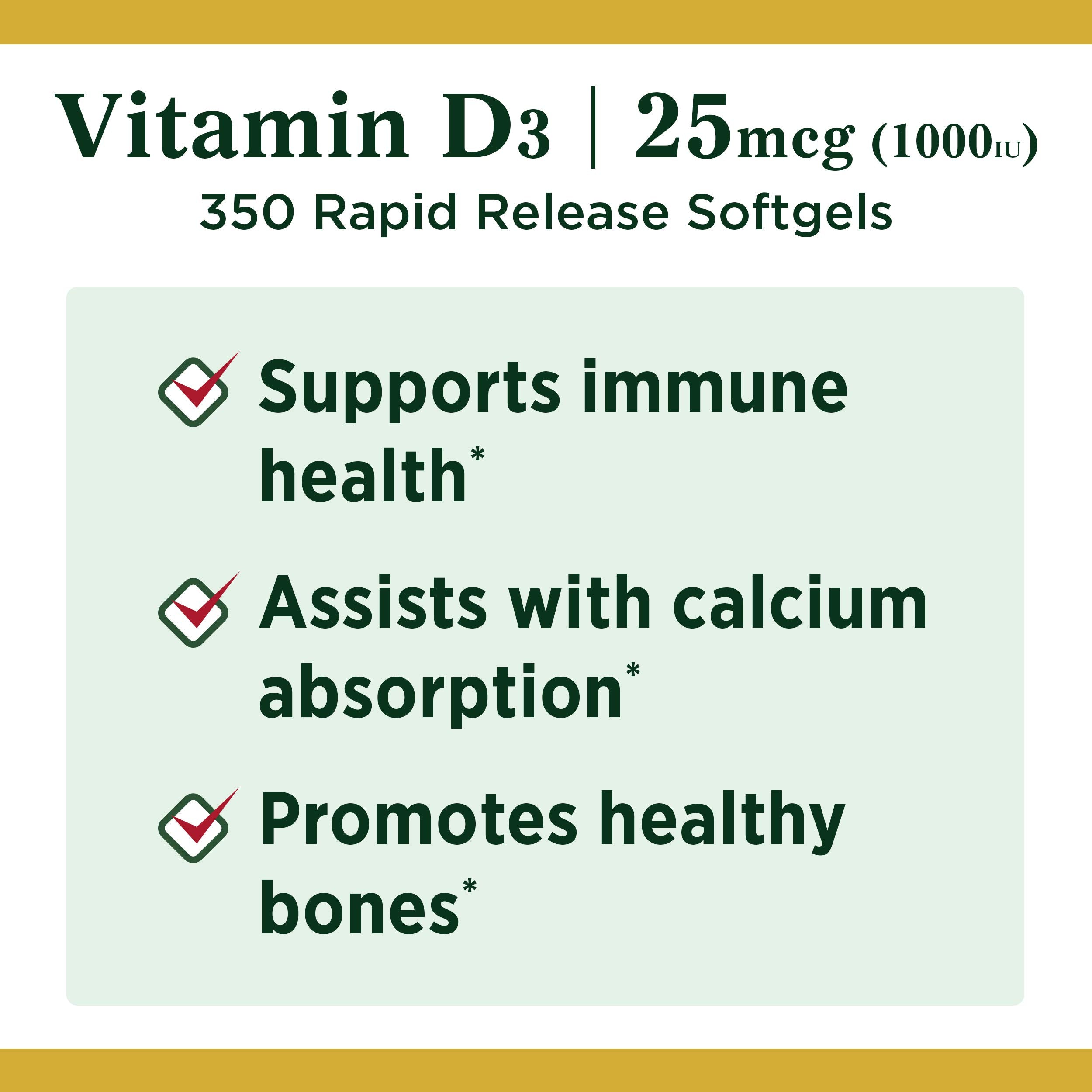 Nature's Bounty Vitamine D3, flacon pratique, contribue à une immunité équilibrée