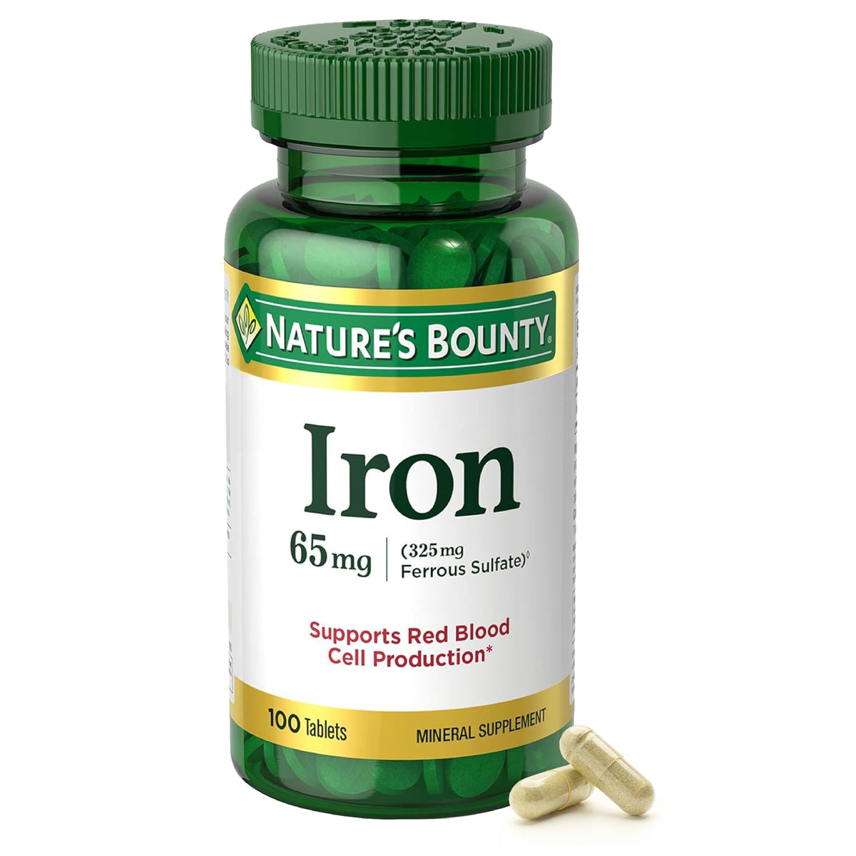 Nature’s Bounty sulfate ferreux: boîte de 100 comprimés pour énergie quotidienne.