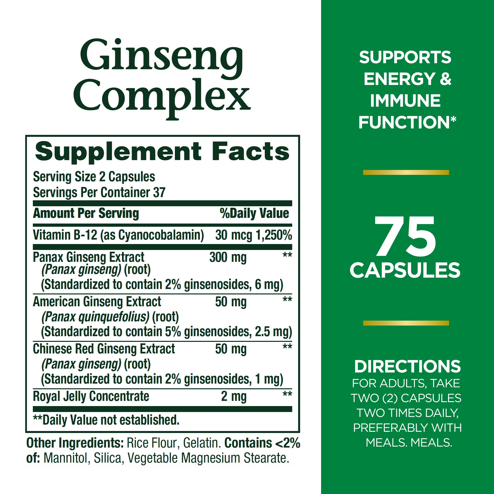 Ginseng Complex Nature's Bounty – emballage et gélules, soutien à la vitalité