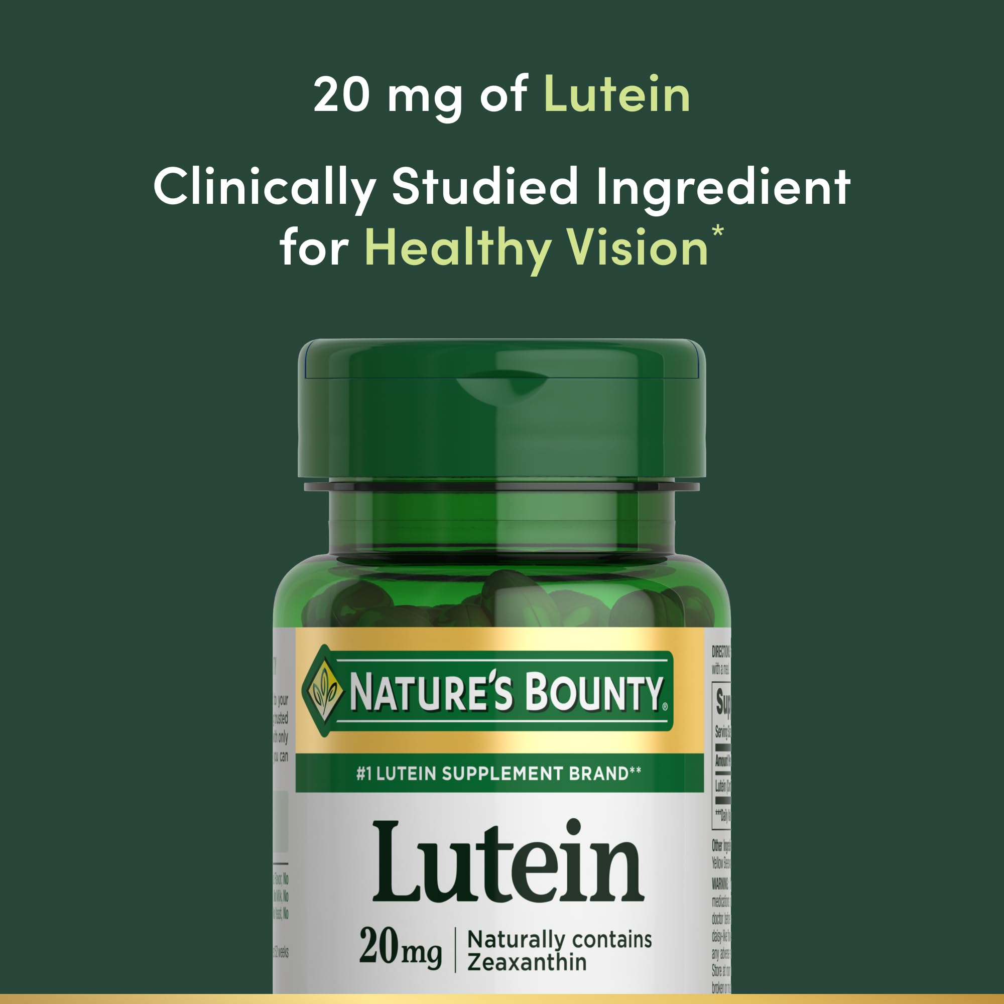 Étiquette lisible Nature's Bounty Lutéine, dosage 20 mg pour référence rapide