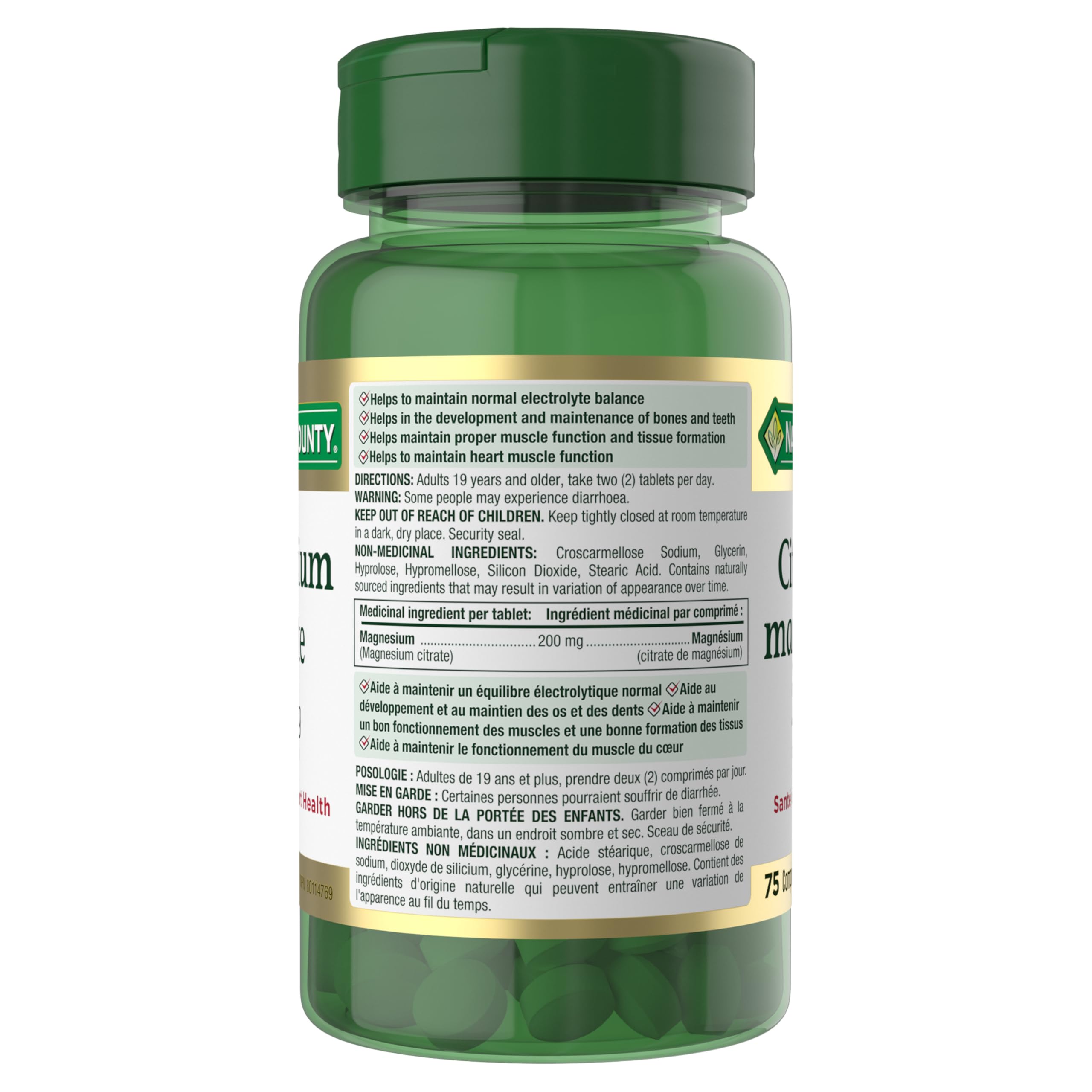 Nature's Bounty magnésium citrate 200 mg, emballage pratique et compact