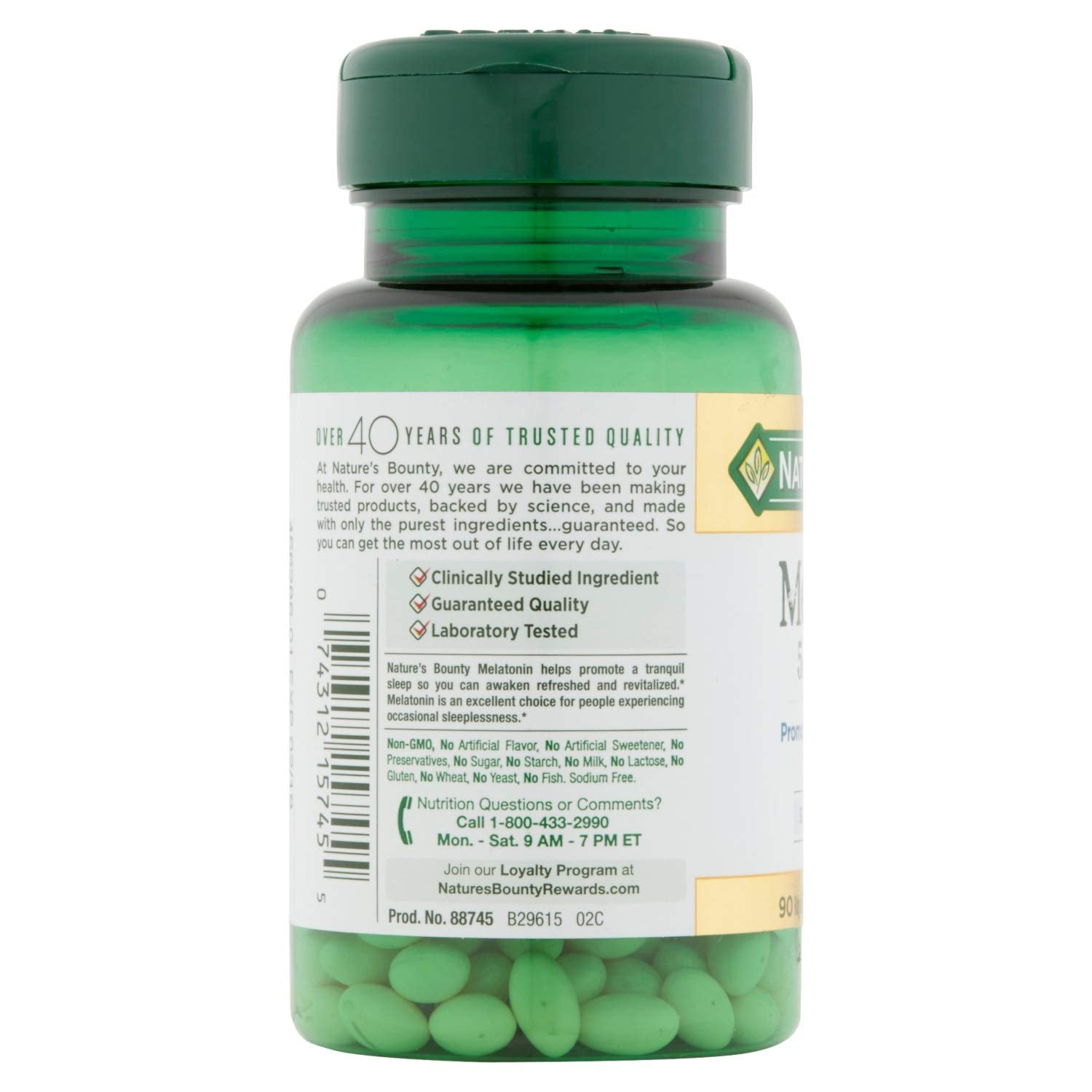Nature's Bounty Mélatonine 5 mg, gélules molles visibles en premier plan, aide possible à s'endormir plus vite.