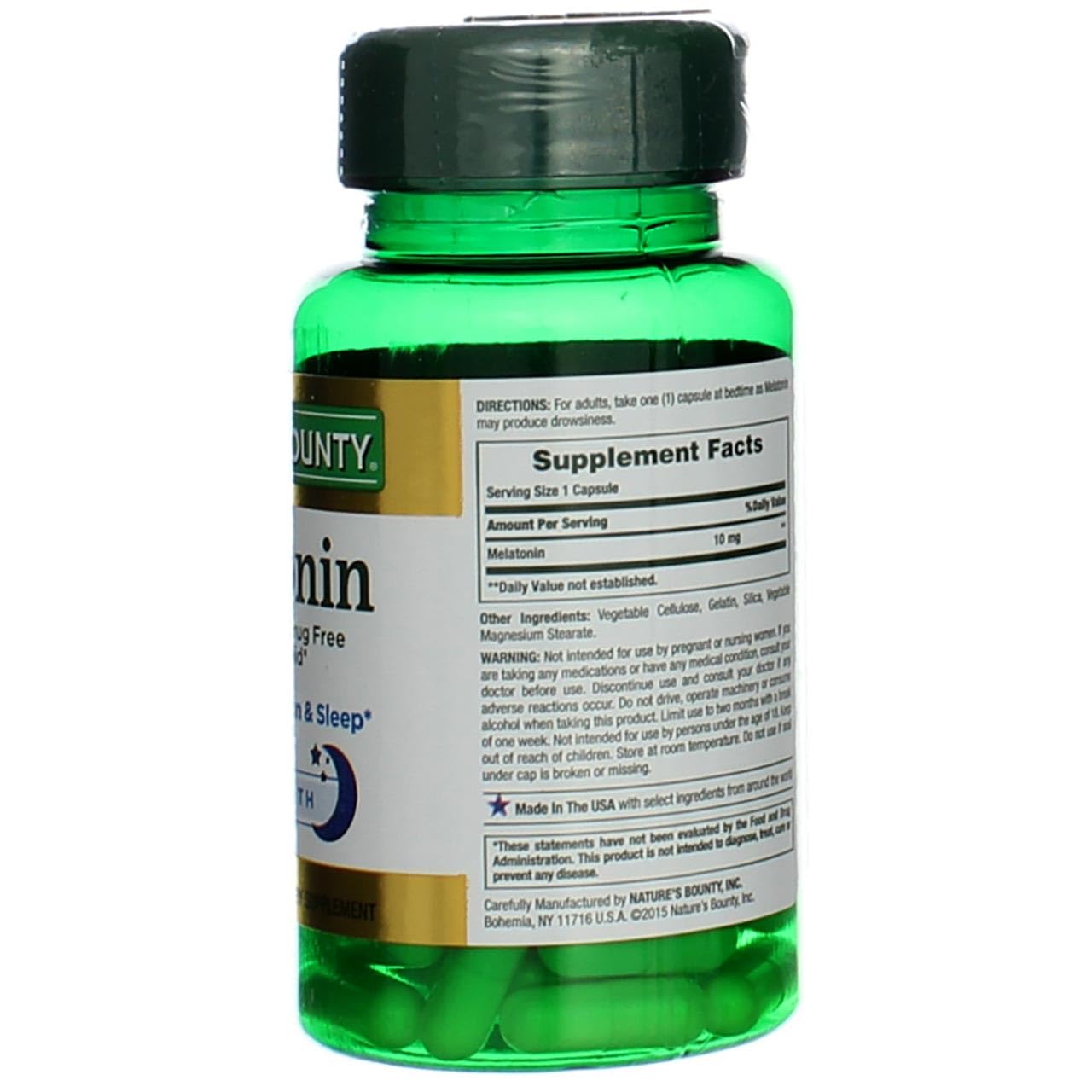 Étiquette Nature's Bounty Mélatonine 10 mg, informations claires et sans additifs