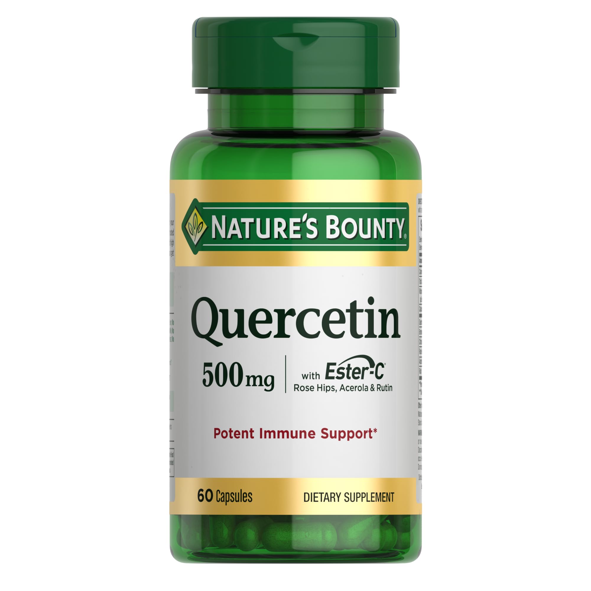 Nature’s Bounty Quercétine – bouteille montrant l’emballage, soutien immunitaire potentiel.