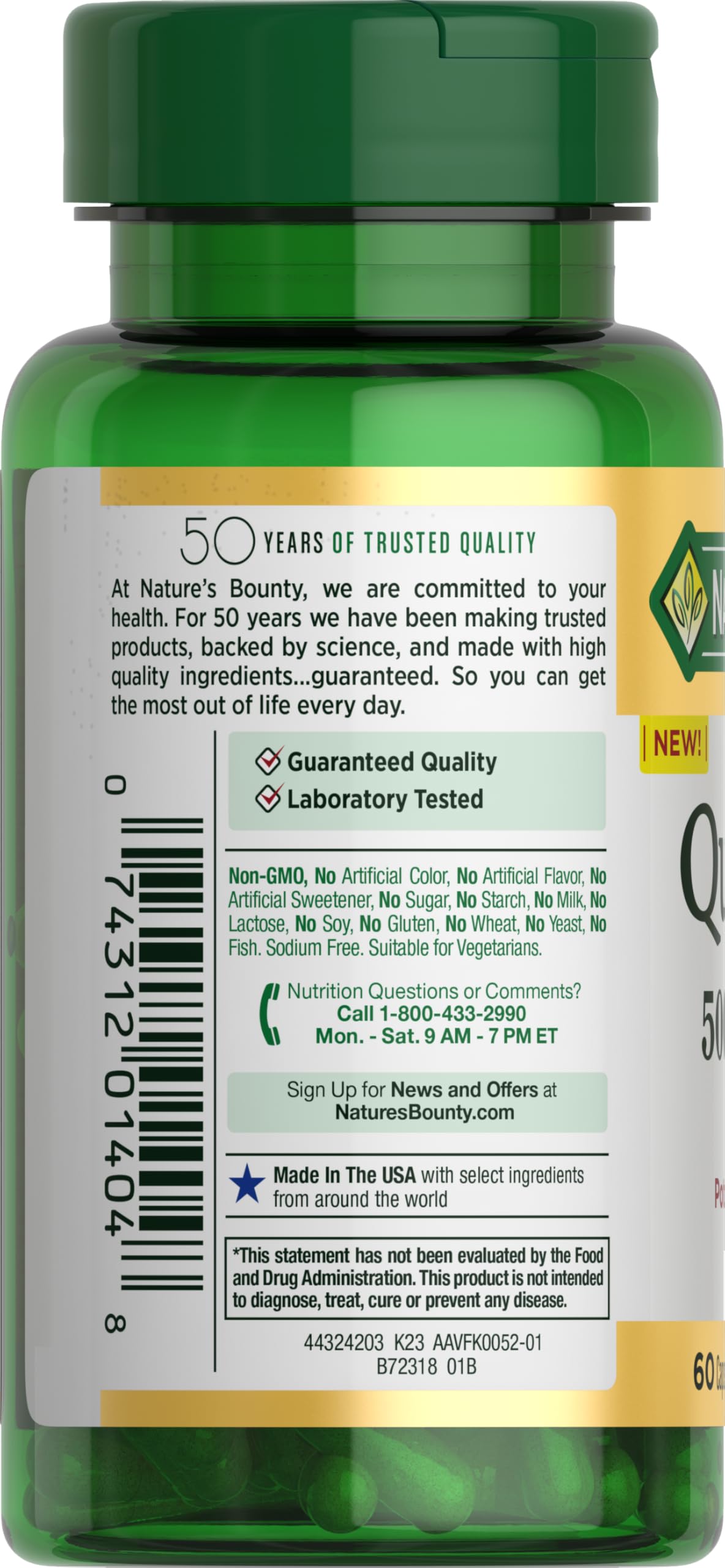 Nature’s Bounty Quercétine – emballage indiquant vegan et sans gluten.