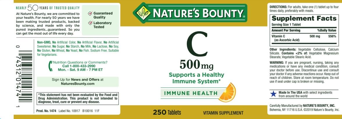 Utilisation quotidienne suggérée de vitamine C 500 mg Nature's Bounty.