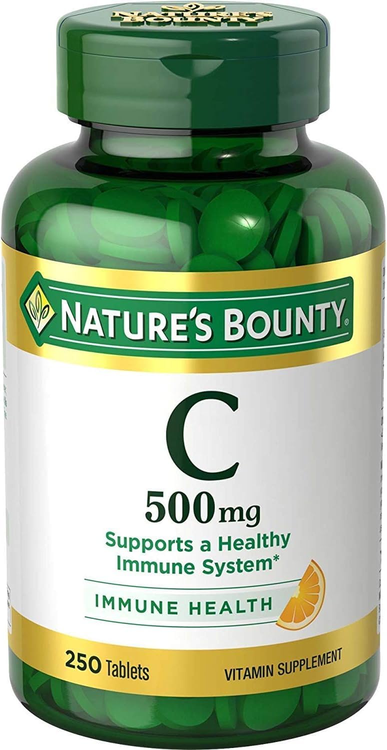 Nature's Bounty comprimés vitamine C 500 mg dans une bouteille, soutien immunitaire potentiel.