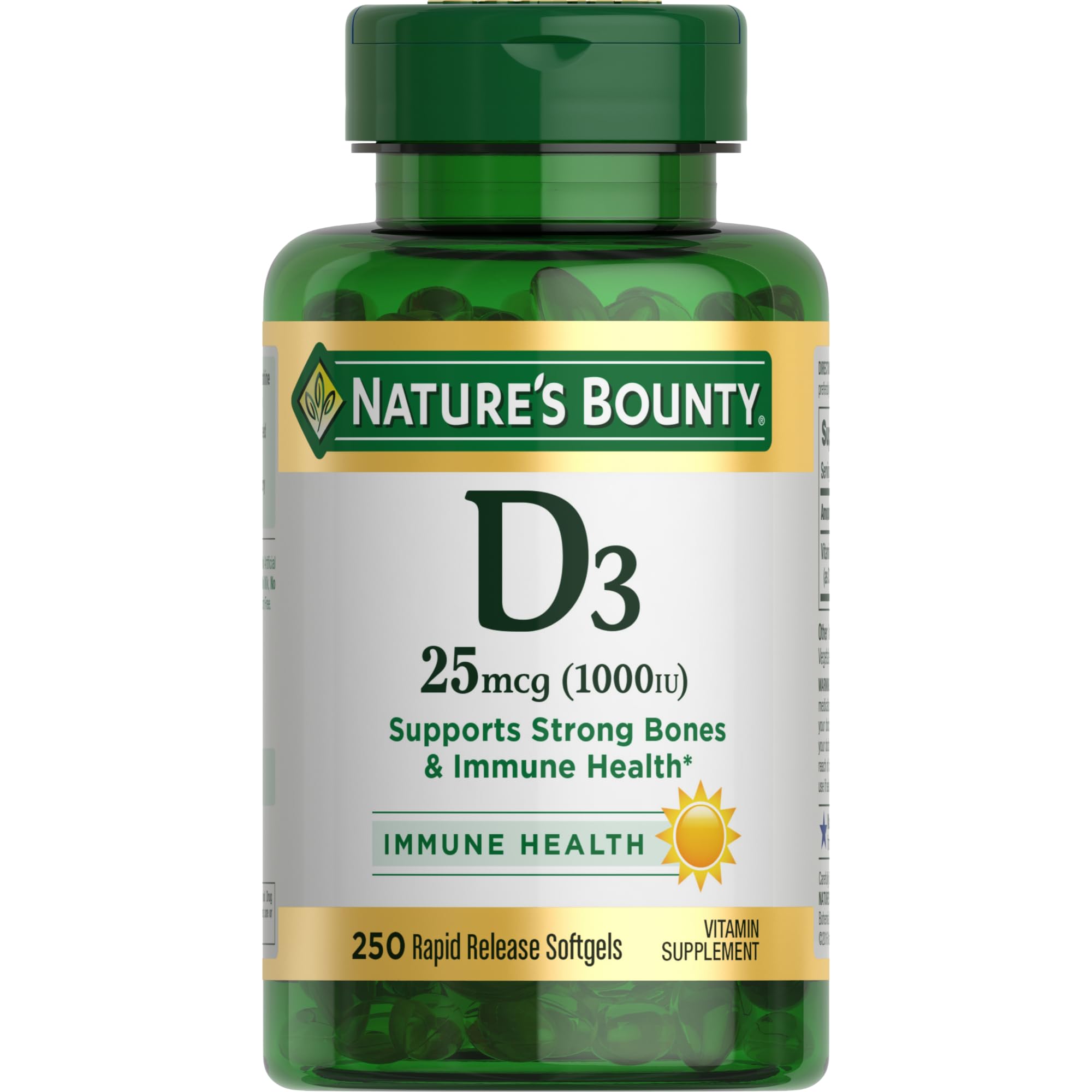 Nature’s Bounty Vitamine D3 1000 UI – flacon gélules, soutien immunitaire potentiel