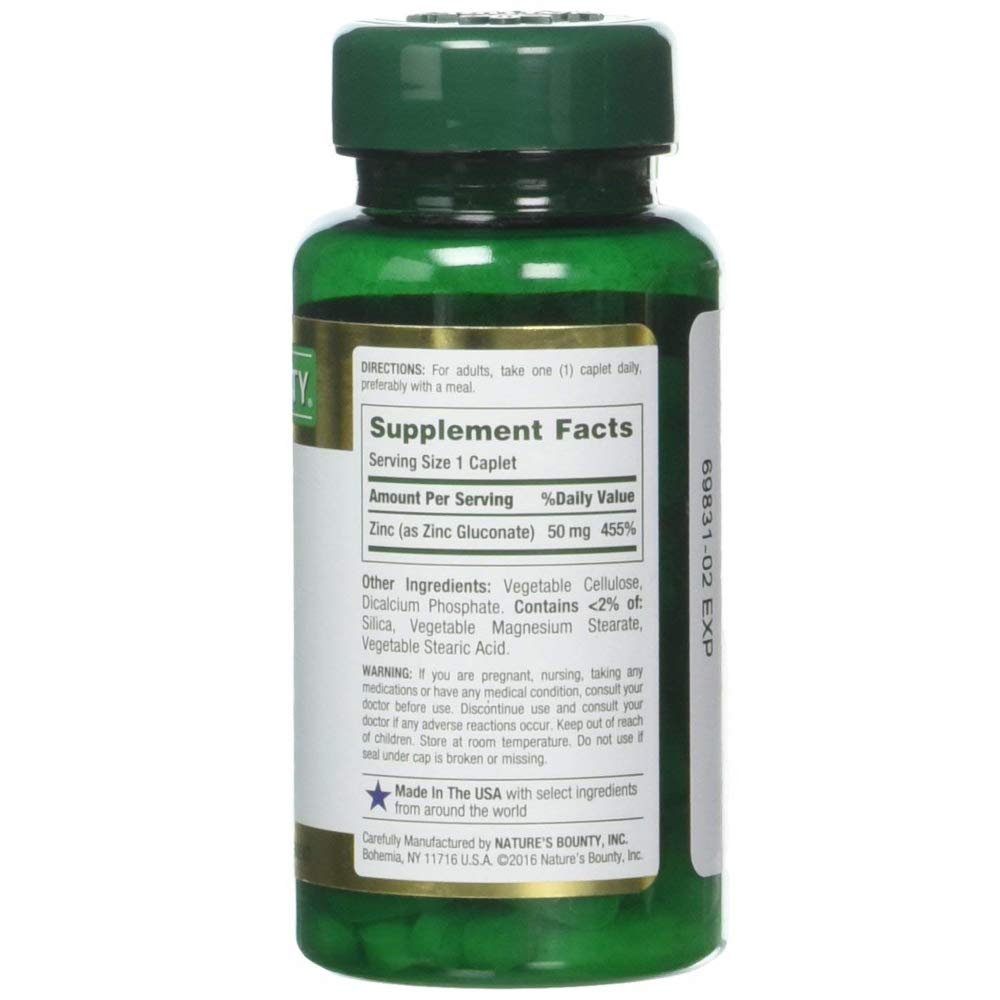 Nature's Bounty Zinc 50 mg, comprimés, étiquette lisible, soutien potentiel de la peau et des os.