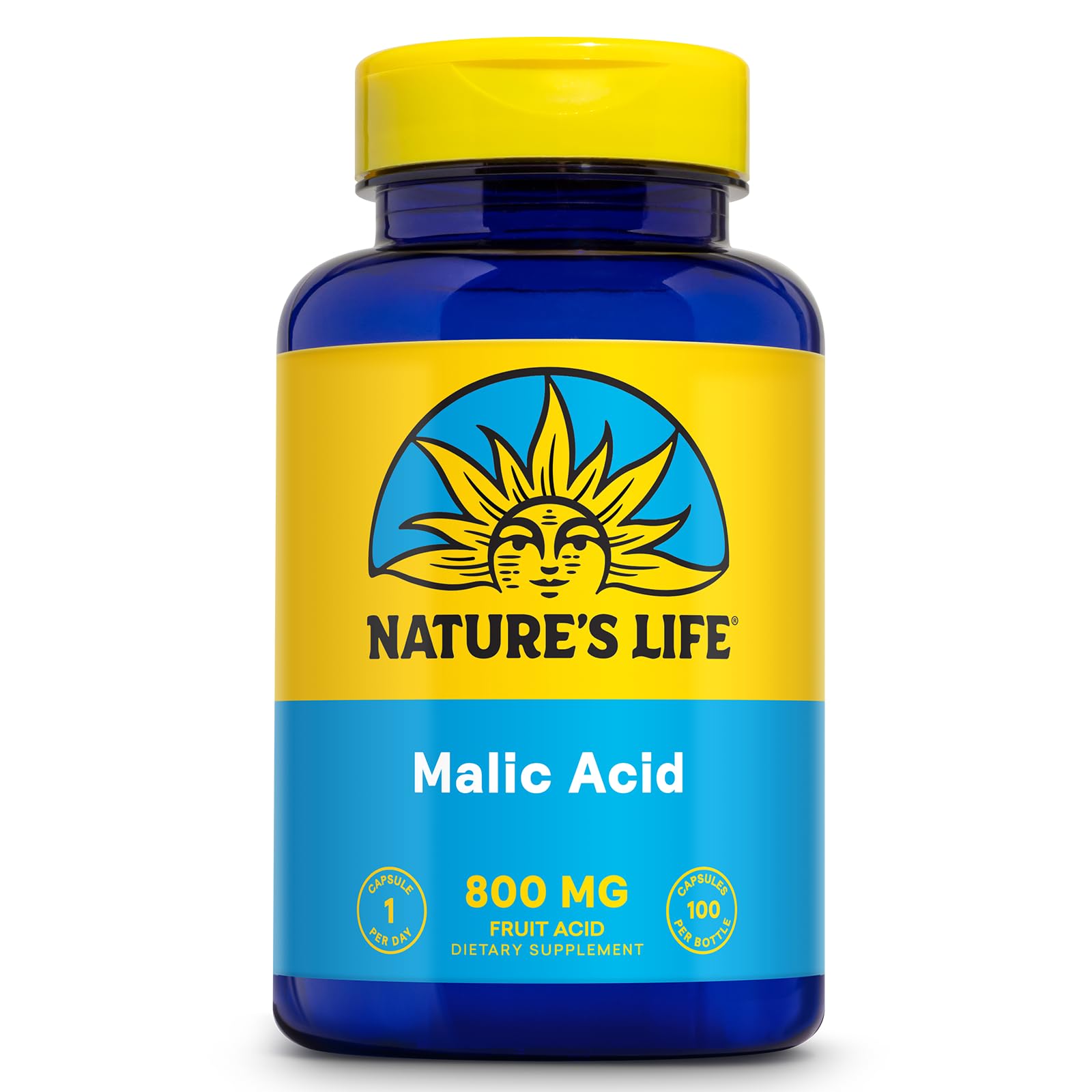 Nature's Life Acide malique 800 mg — bouteille visible, soutien potentiel d'énergie et confort musculaire.