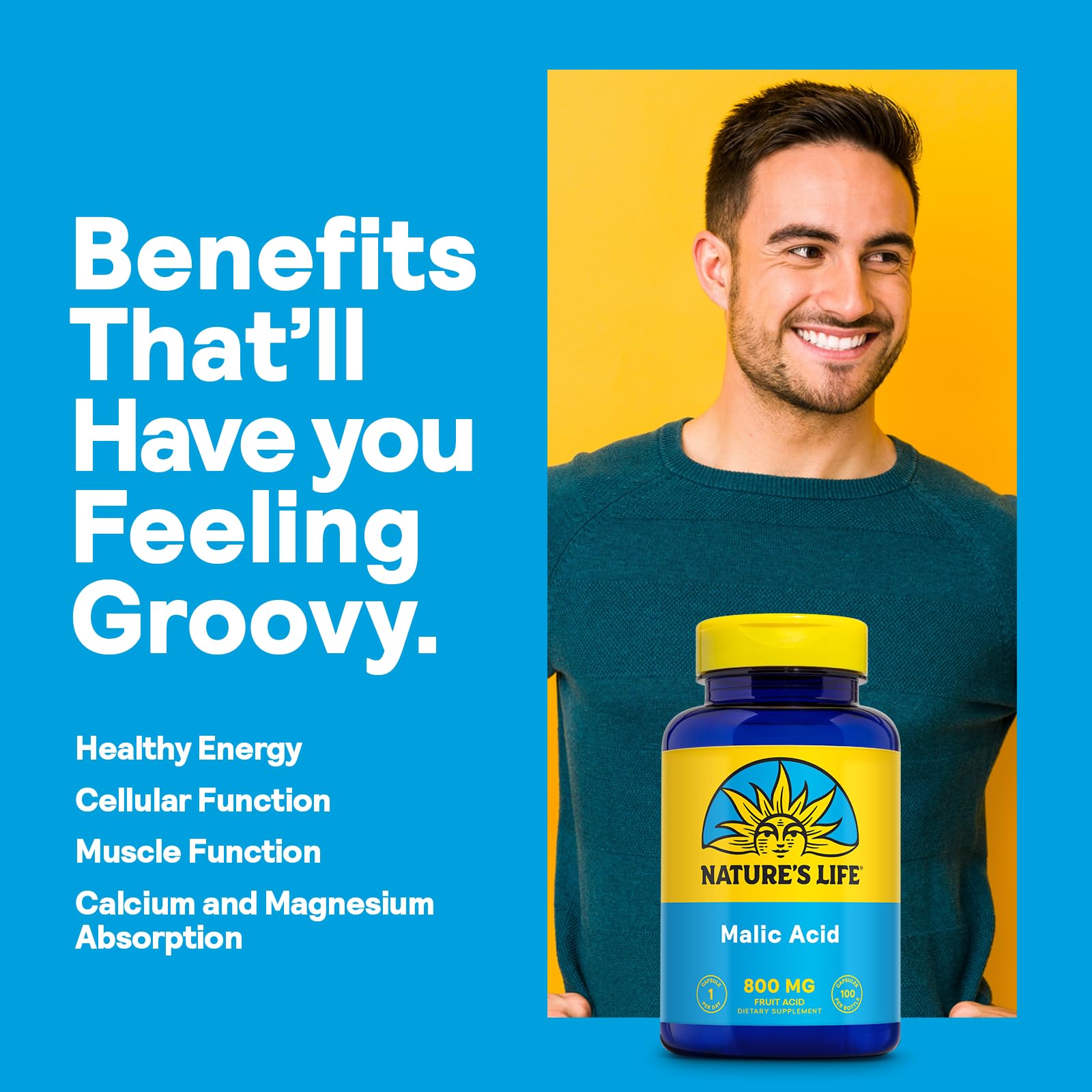 Comprimés végétariens Nature's Life Acide malique 800 mg — format pratique pour routine quotidienne.