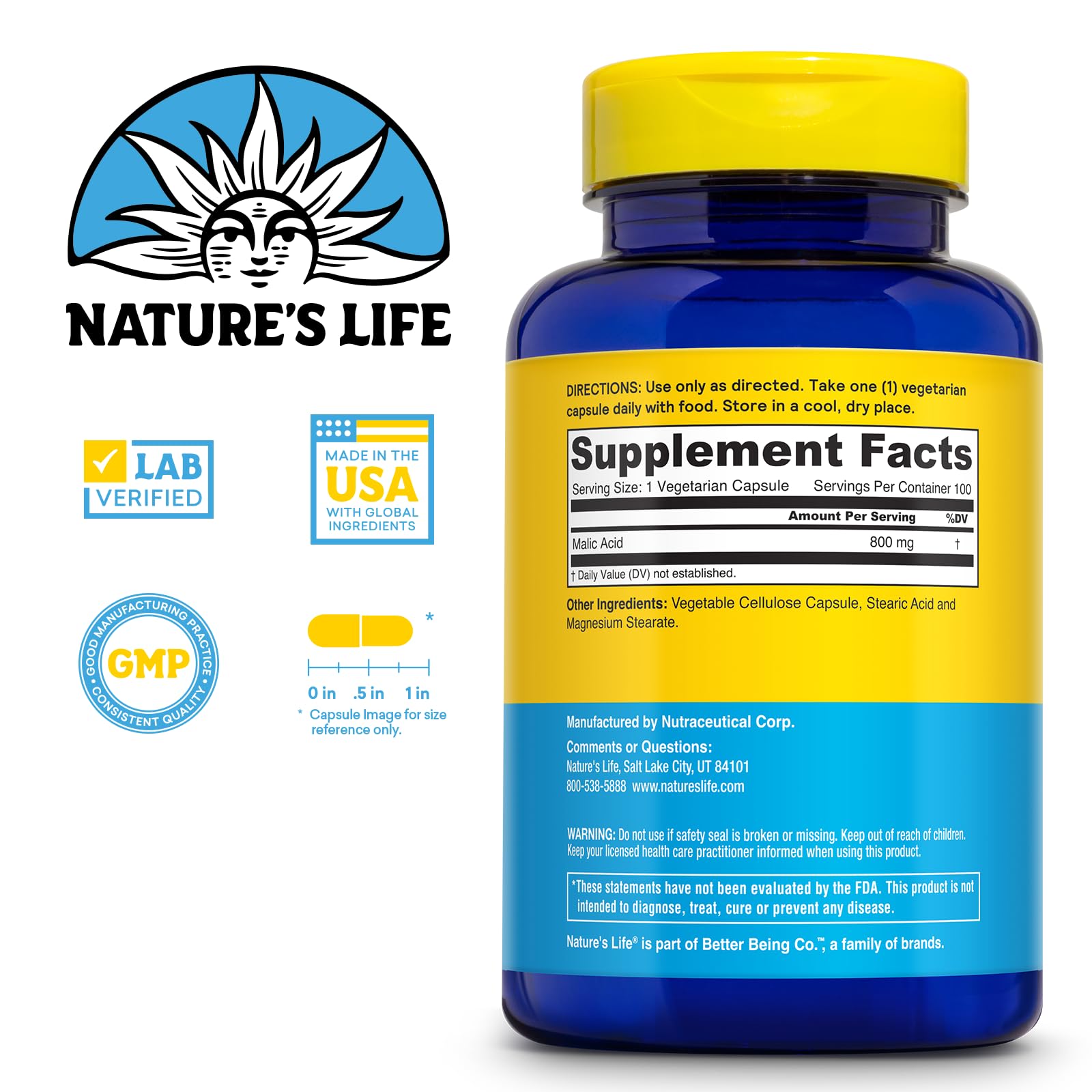 Étiquette Nature's Life Acide malique 800 mg — formule sans gluten et sans OGM clairement indiquée.